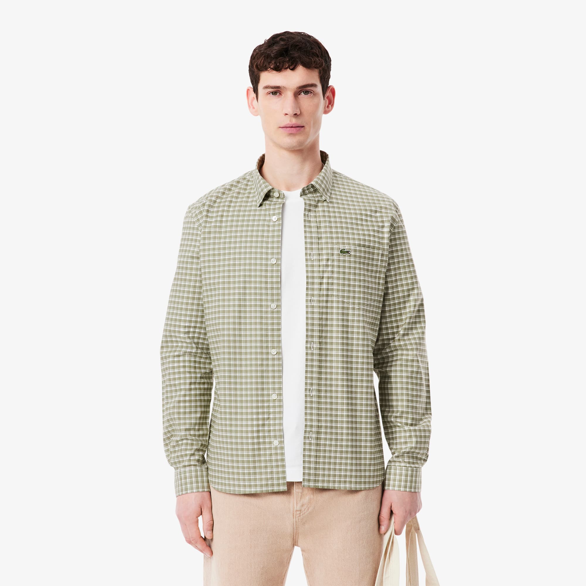 Men's Regular Fit Stretch Plaid Shirt - White / Khaki Green