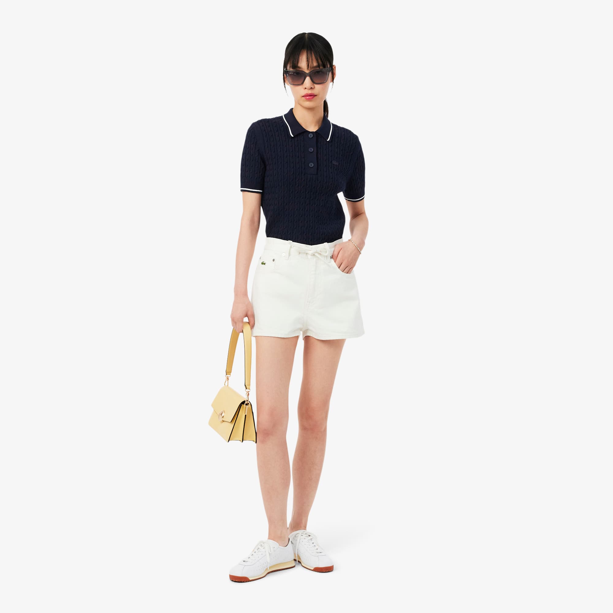 Striped Cable Knit Polo Collar Sweater - Navy Blue