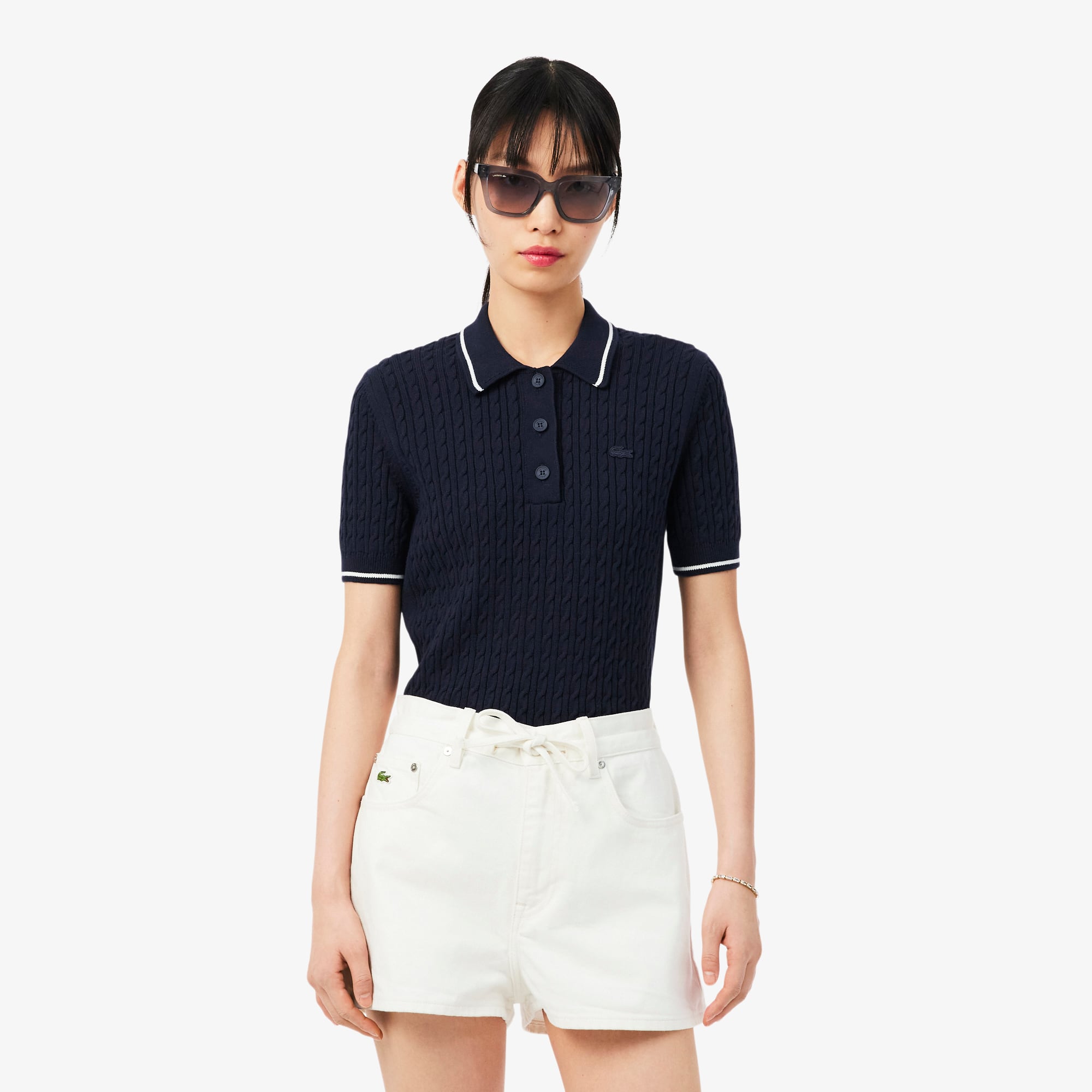 Striped Cable Knit Polo Collar Sweater - Navy Blue