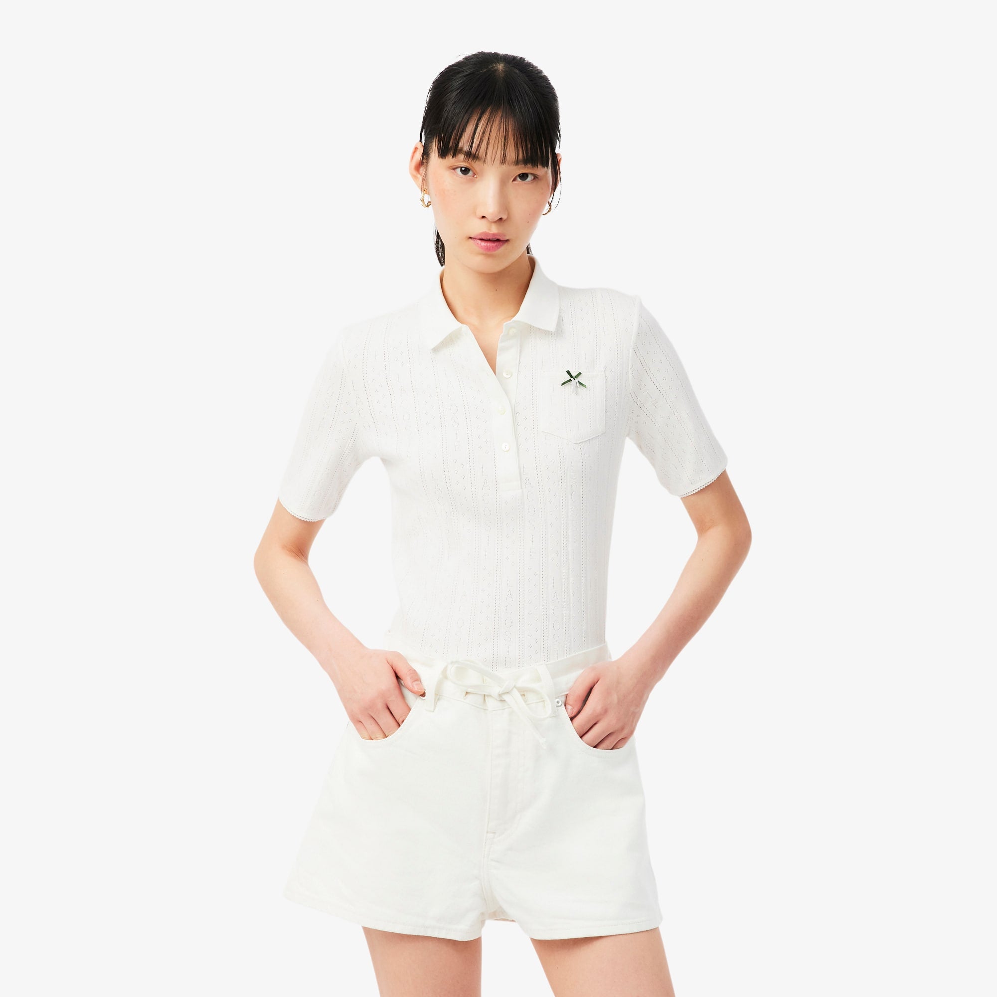 Women's Slim Fit Pointelle Branded L.12.D Polo - White