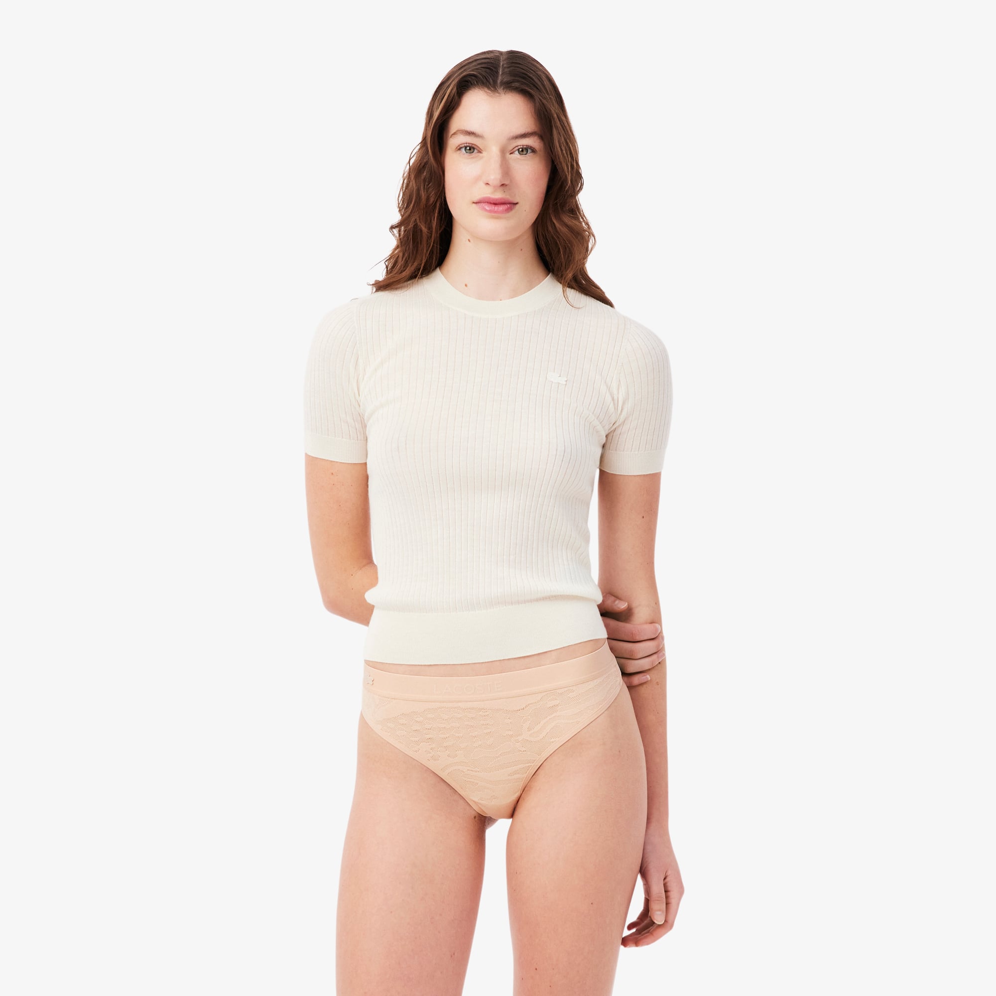 Logo Waist Mesh String Briefs - Beige