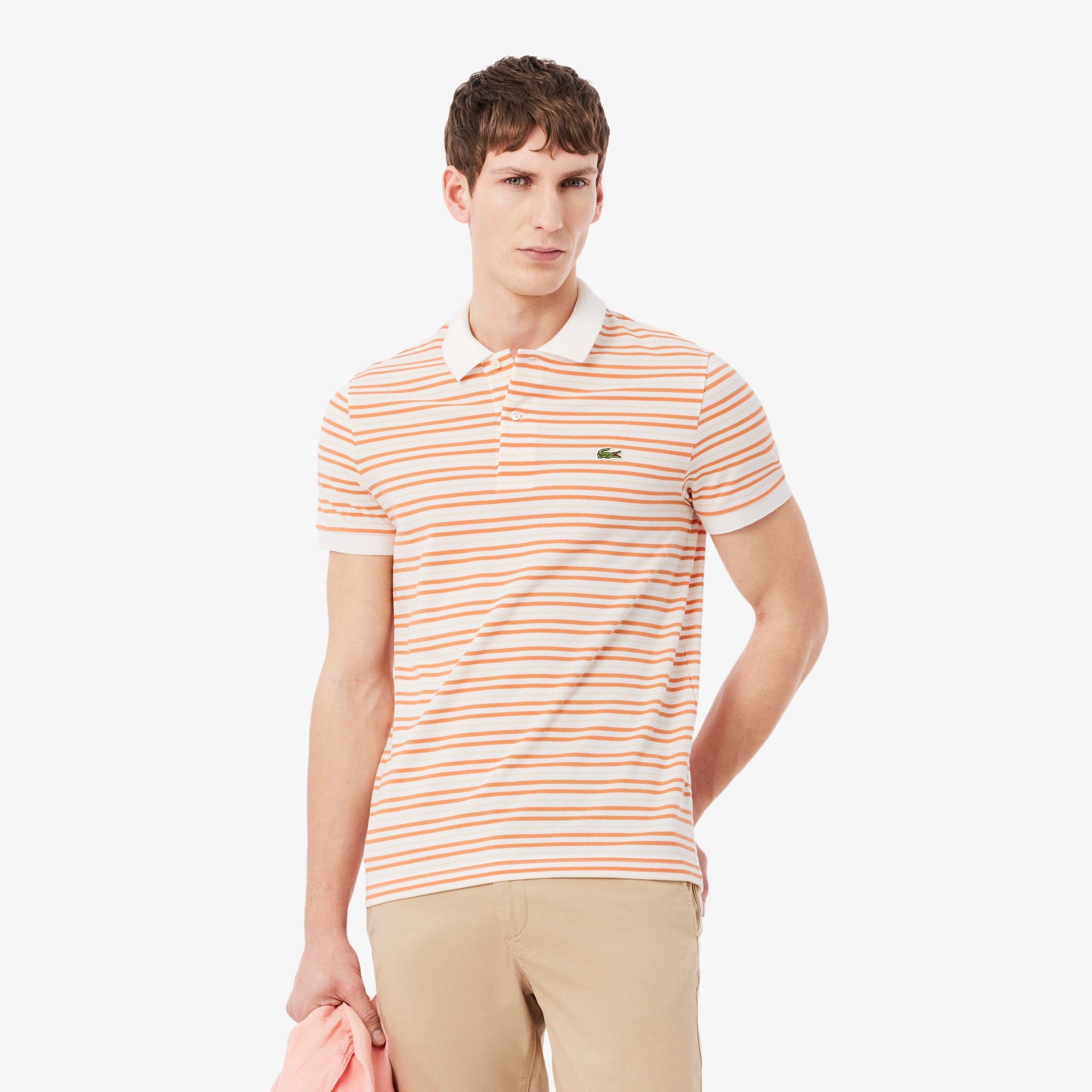 Classic Fit Striped Petit Piqué Polo - Orange / Blanc