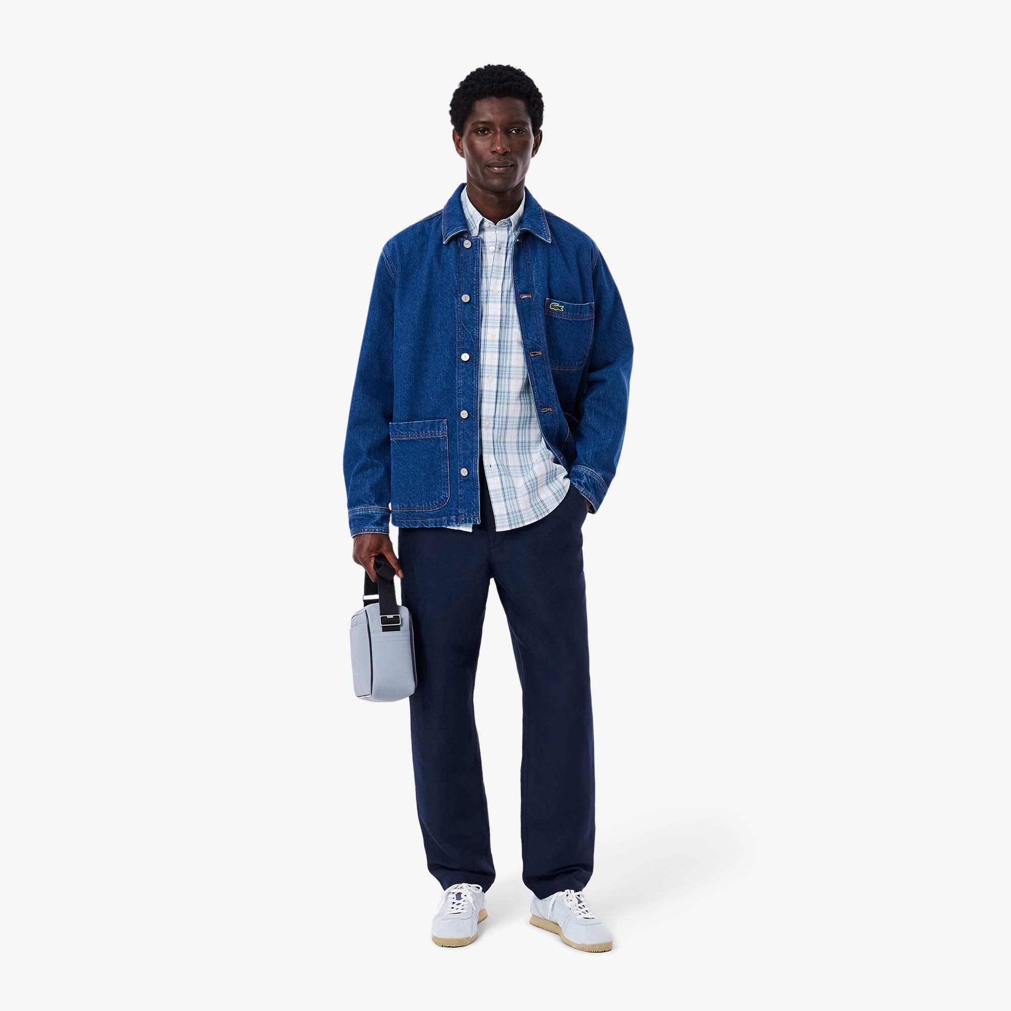 Men's Slim Fit Stretch Plaid Shirt - White / Blue / Navy Blue