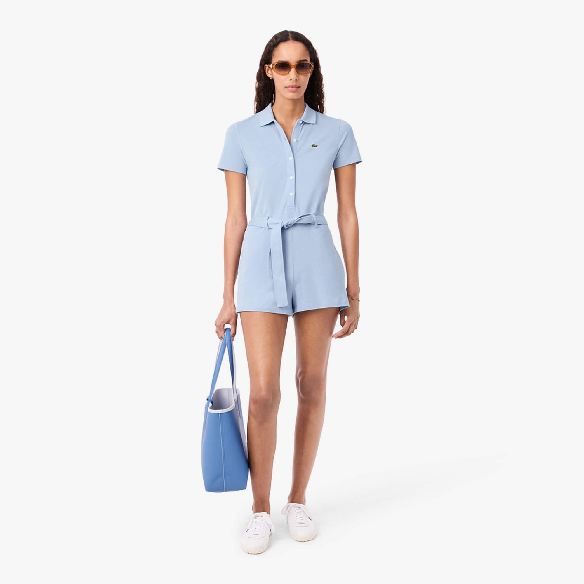 Stretch Piqué Polo Collar Romper - Light Blue