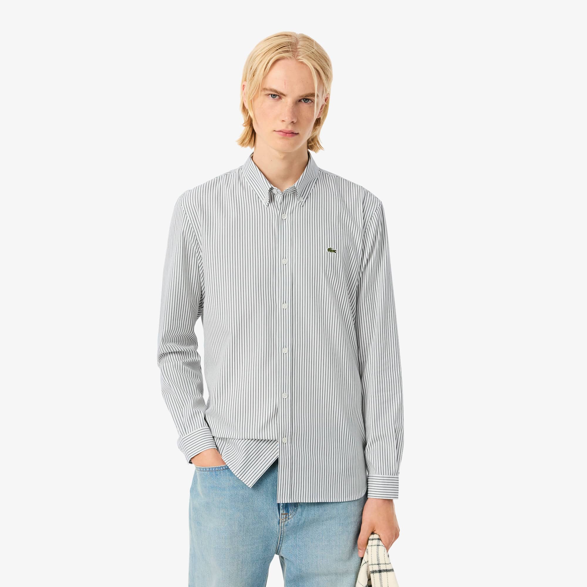 Men's Regular Fit Striped Pinpoint Shirt - White / Green