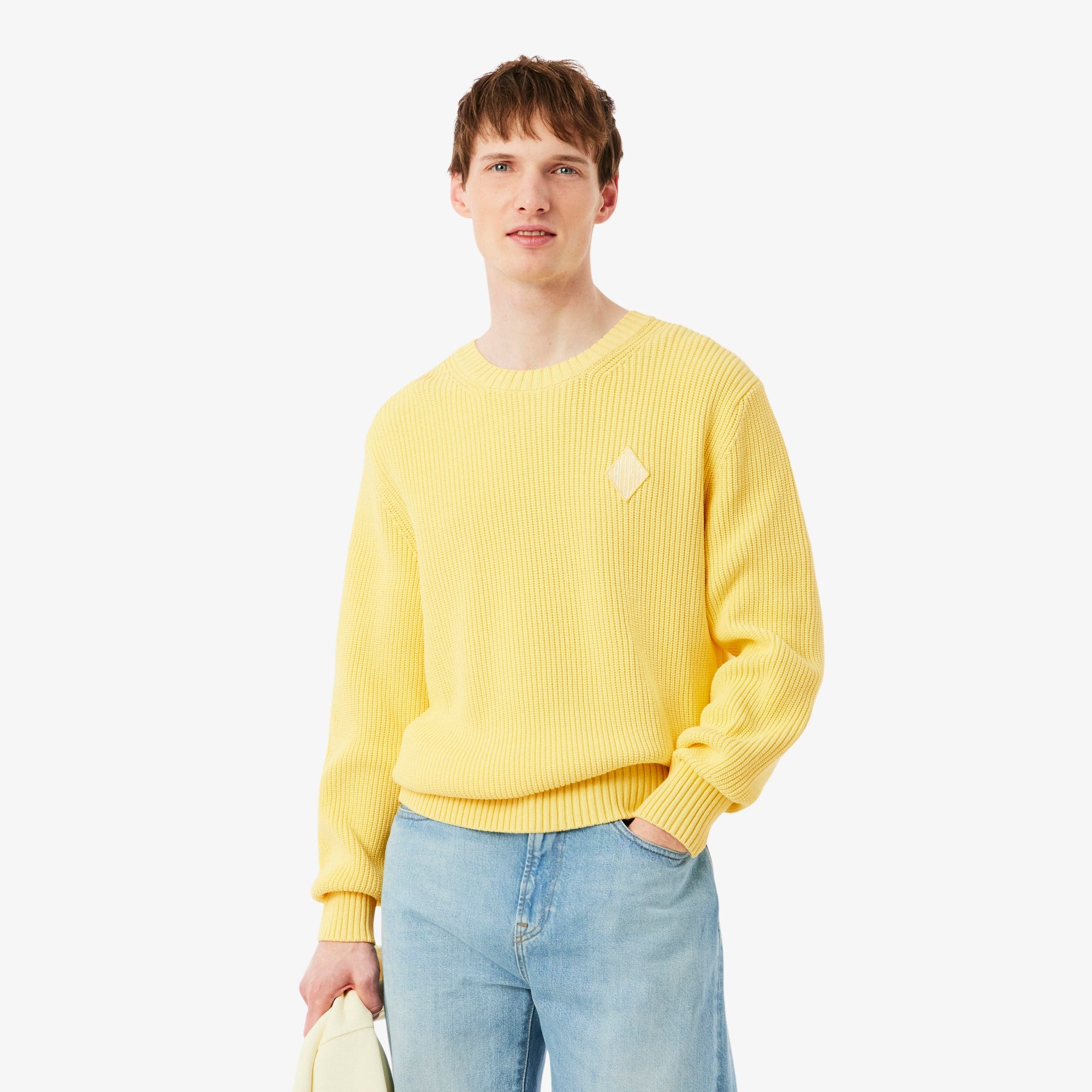 Pearl Rib Knit Badge Accent Sweater - Pastel yellow