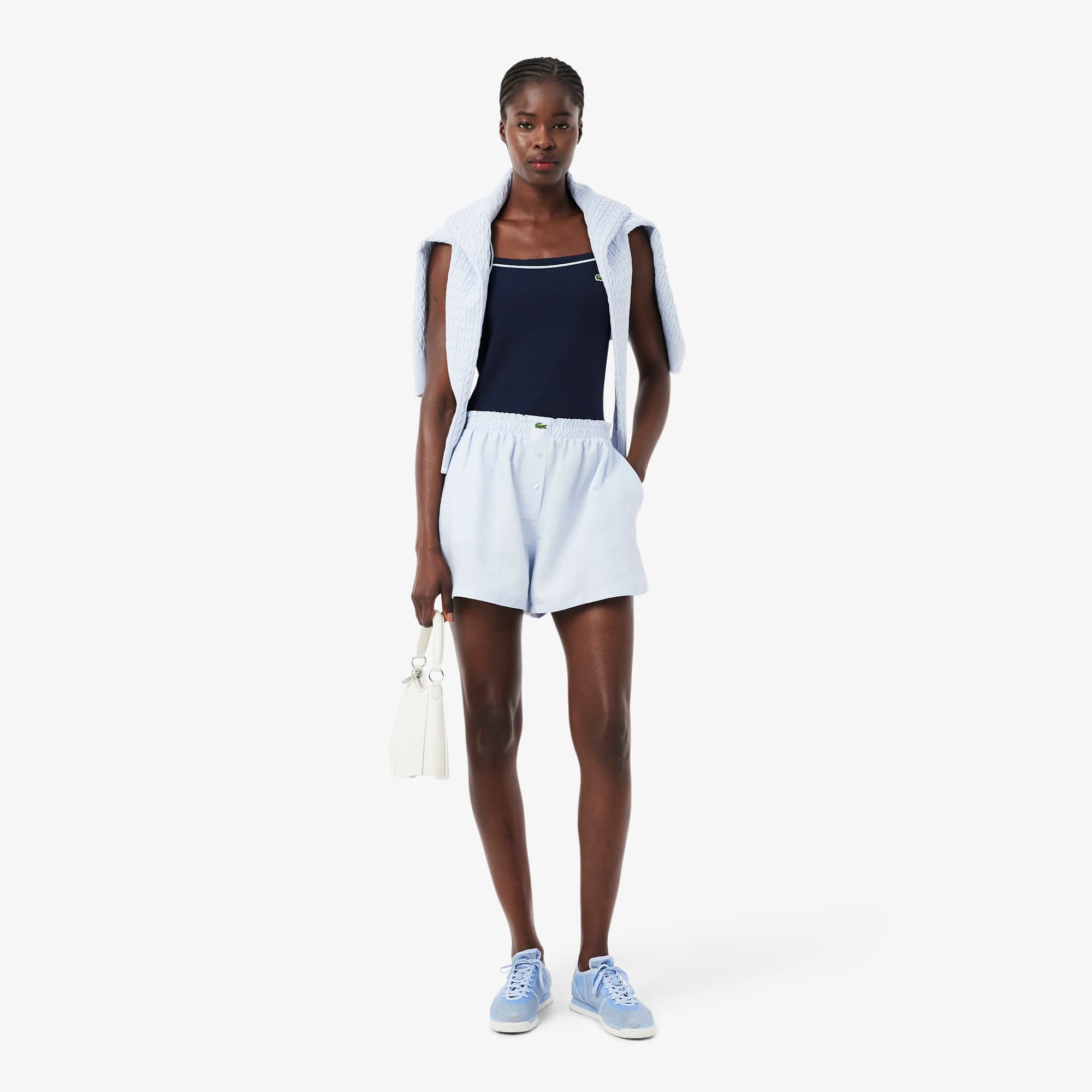 Contrast Accent Cotton Tank Top - Bleu Marine / Bleu Clair / Blanc