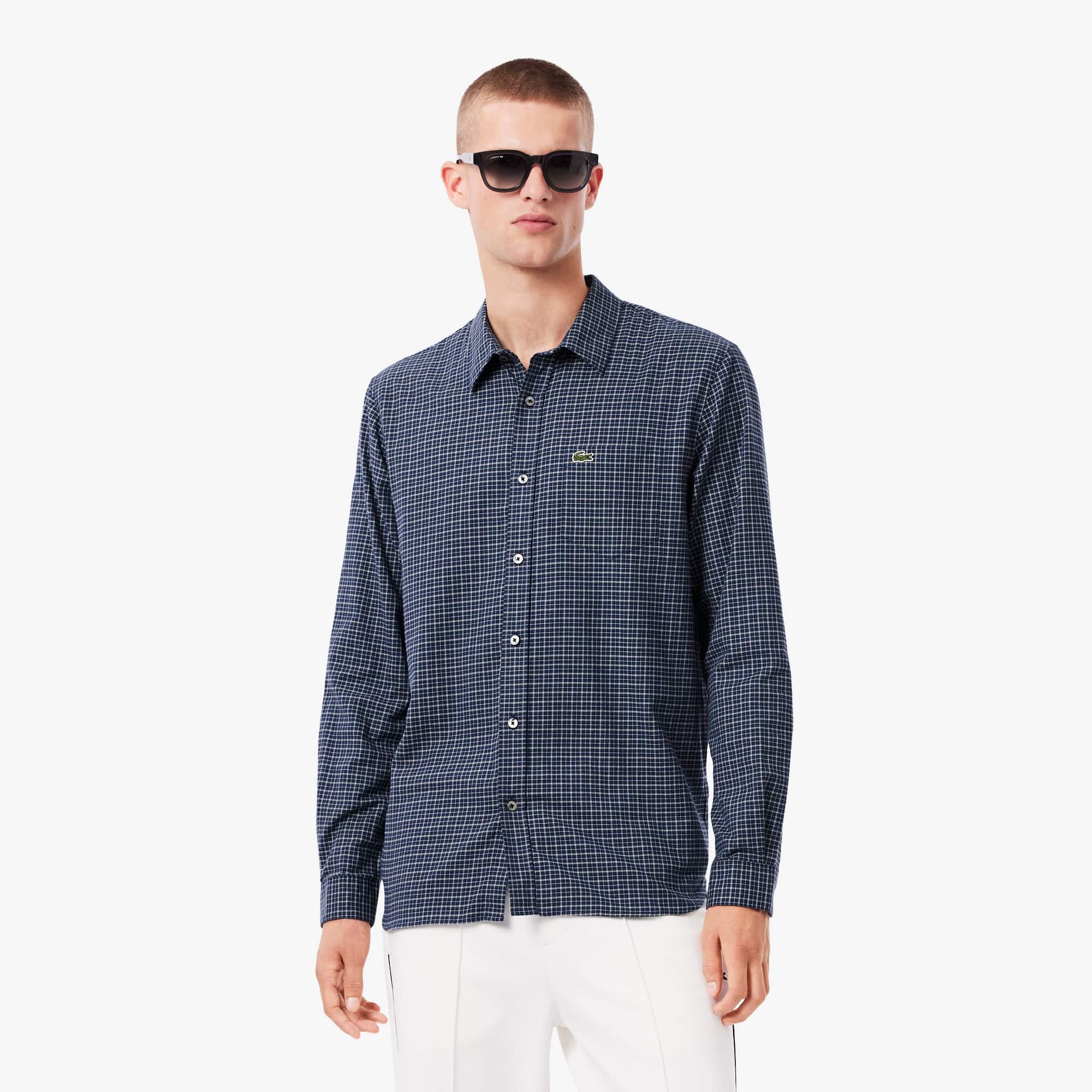 Men's Regular Fit Plaid Flannel Shirt - Navy Blue / White