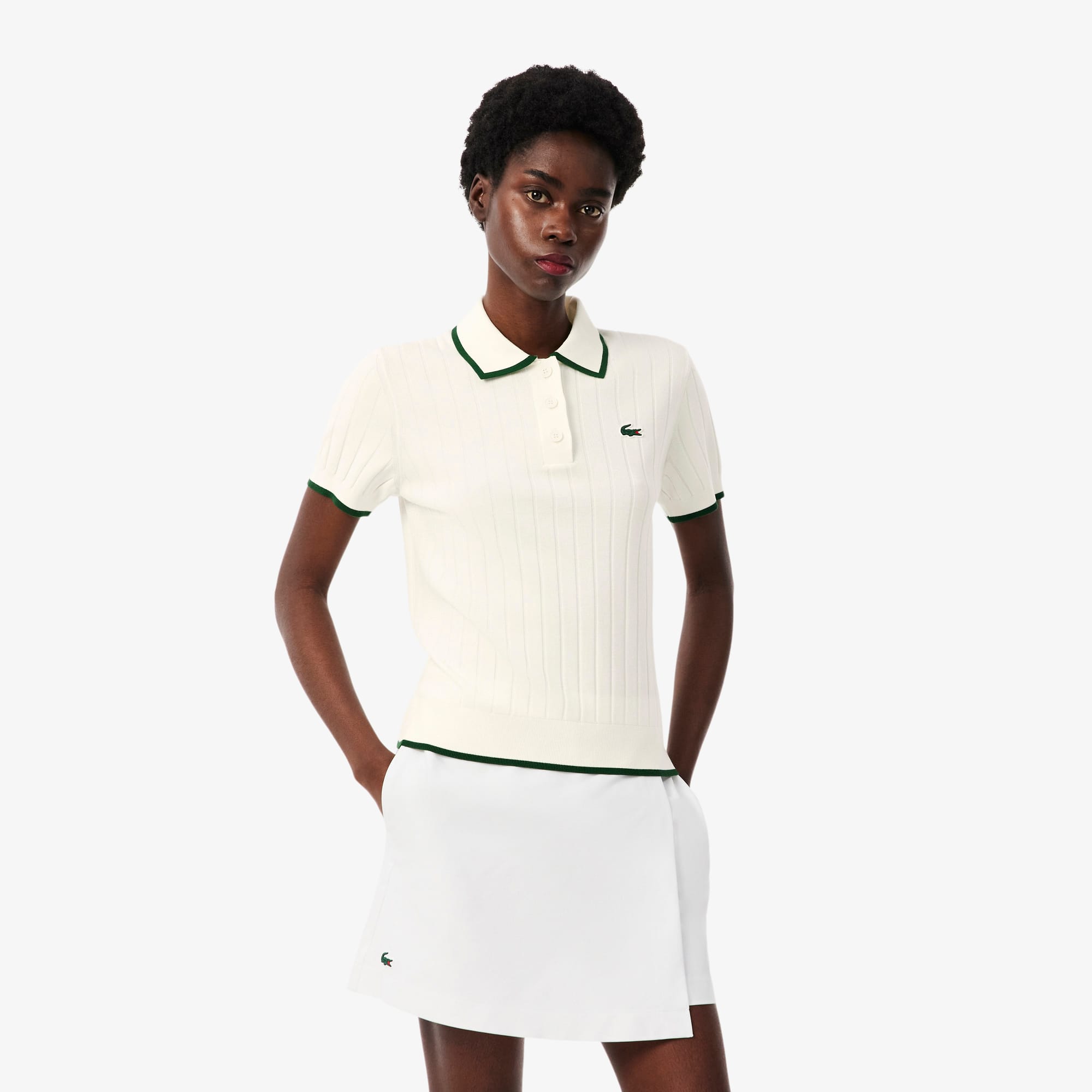 Women's Short Sleeve Polo Collar Golf Sweater - White / Green