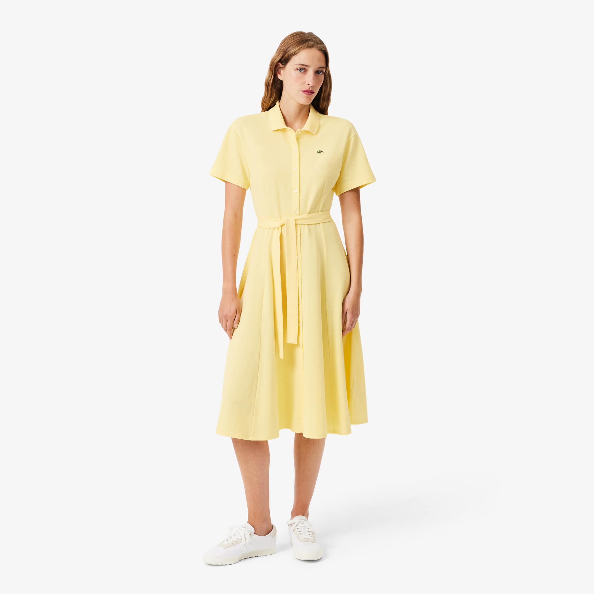 Women's Flared Mini-Piqué Polo Dress - Pastel yellow