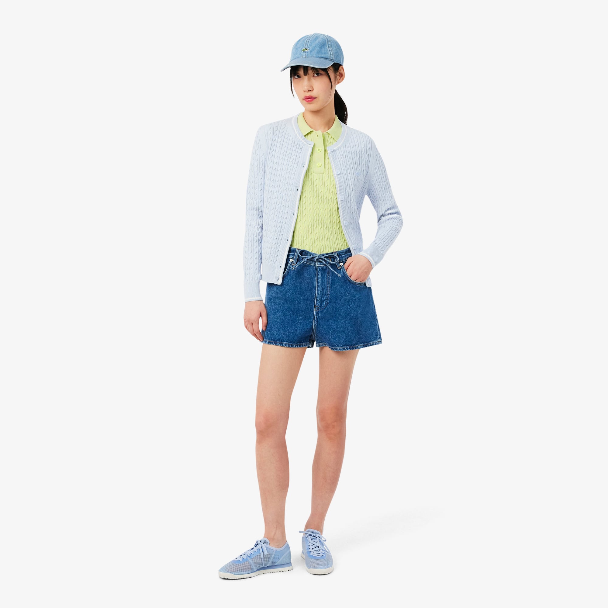 Striped Cable Knit Polo Collar Sweater - Green