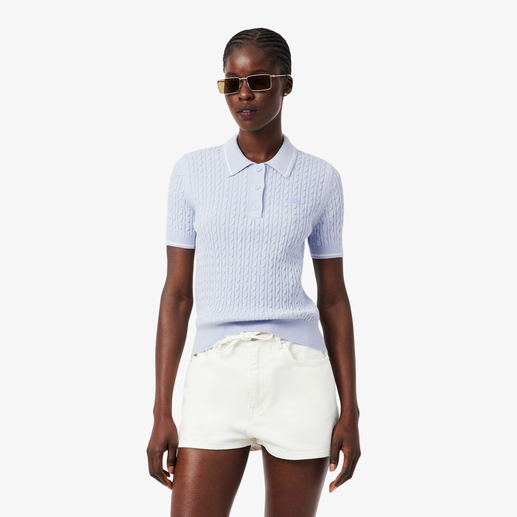 Striped Cable Knit Polo Collar Sweater - Phoenix blue