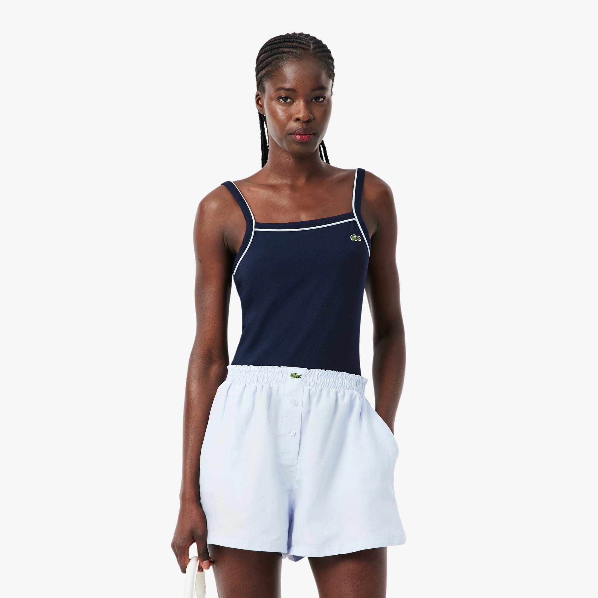 Contrast Accent Cotton Tank Top - Bleu Marine / Bleu Clair / Blanc
