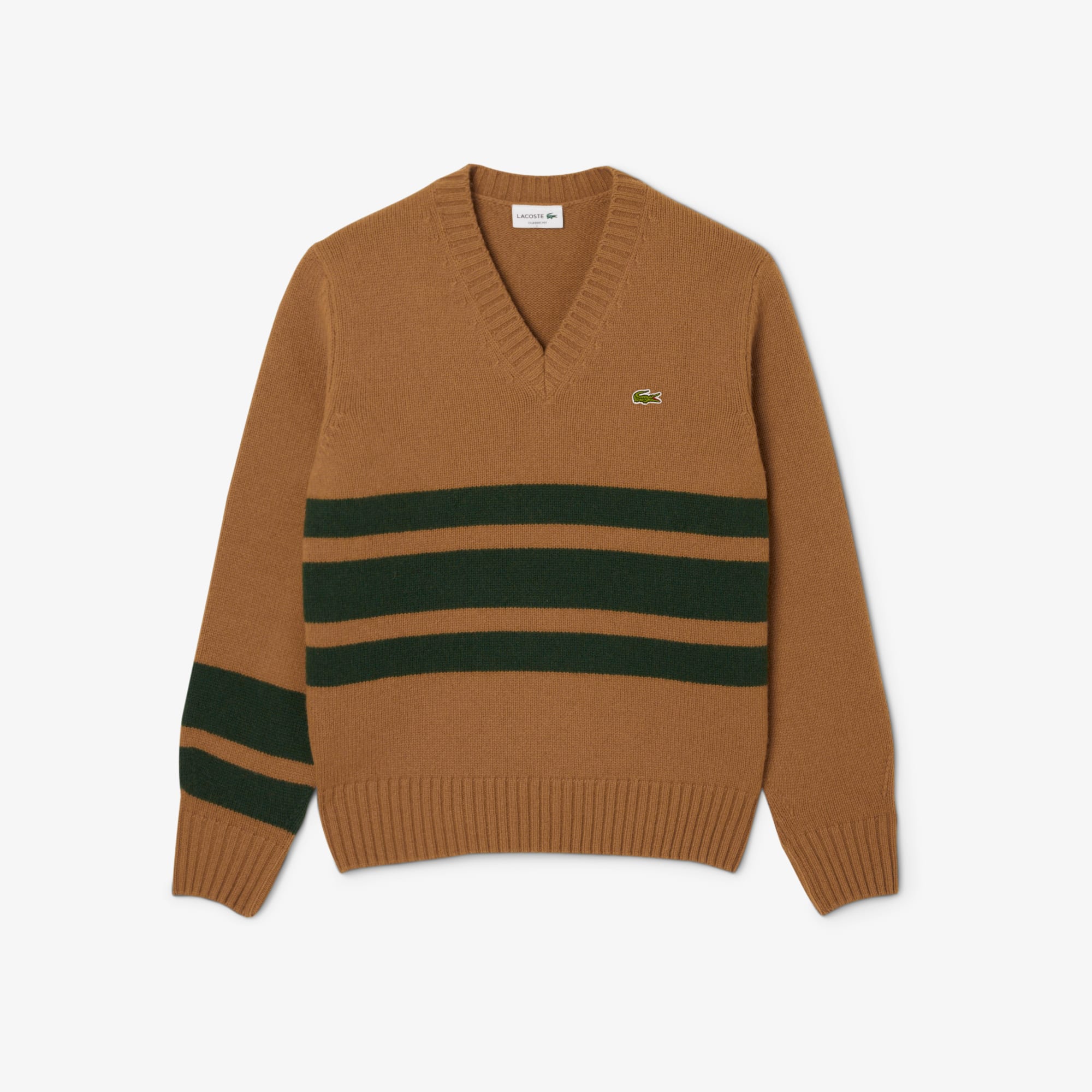 Men's Striped Wool V-Neck Sweater - Brown / Green