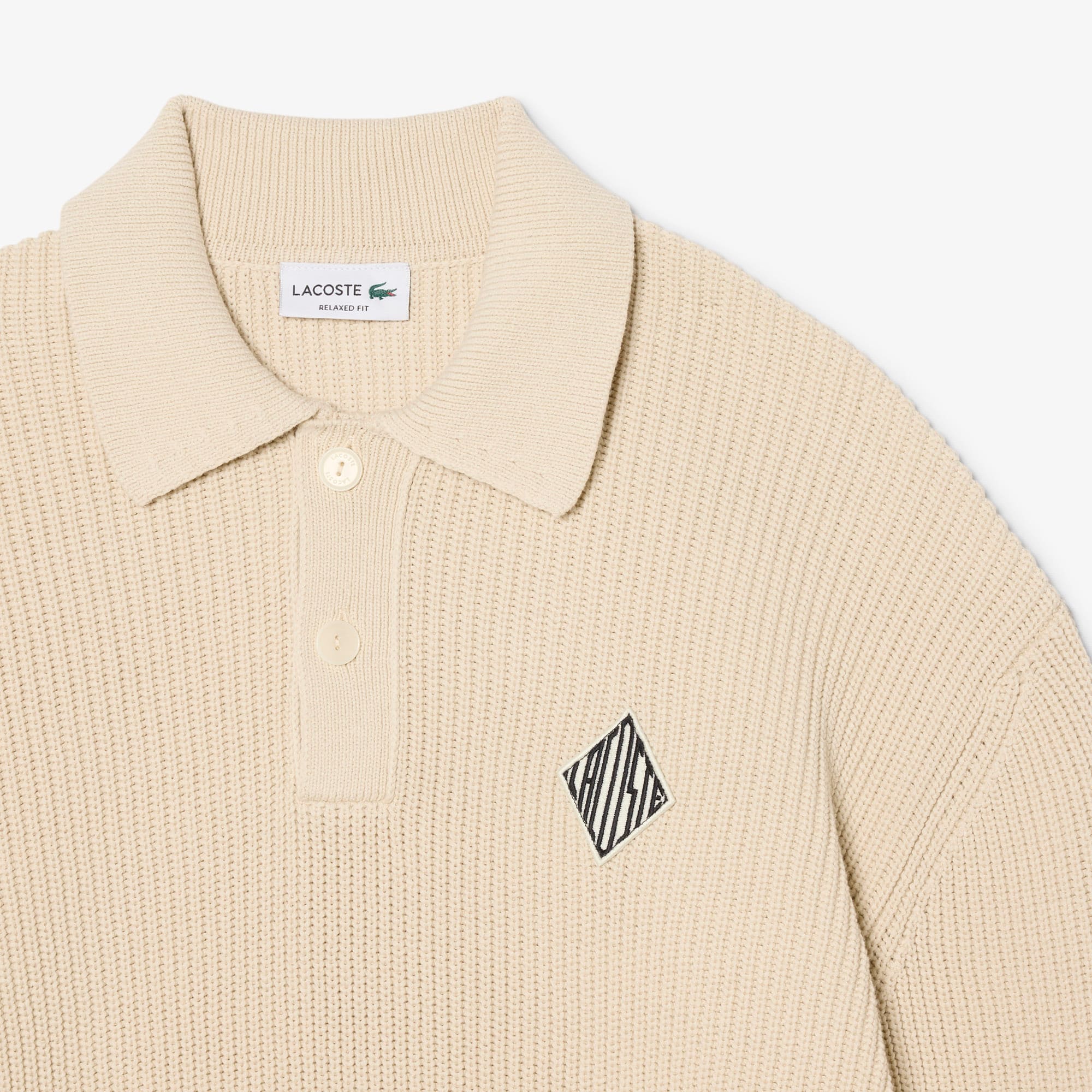 Badge Accent Pearl Rib Polo Collar Sweater - Lemon Beige