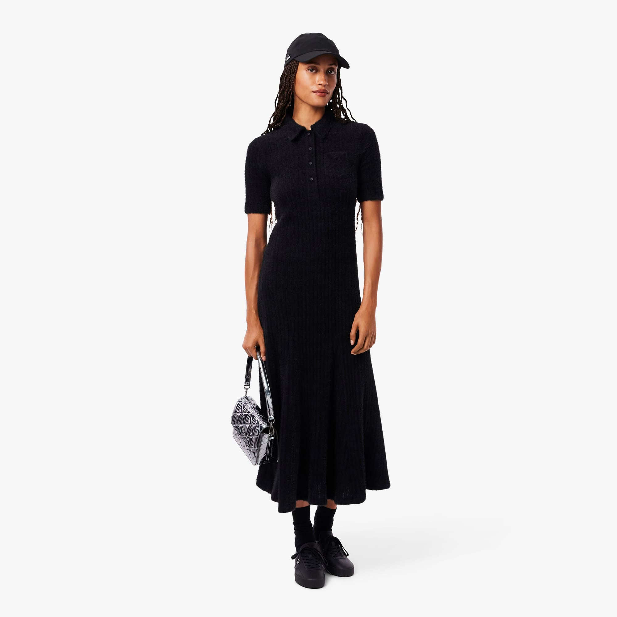 Women's Fuzzy Ribbed Knit Polo Collar Dress - Black