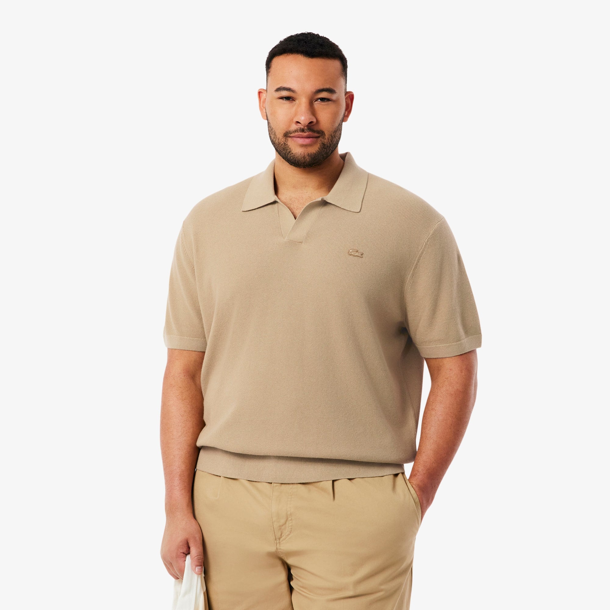 Men's Cotton Blend Open Polo Collar Sweater - Beige
