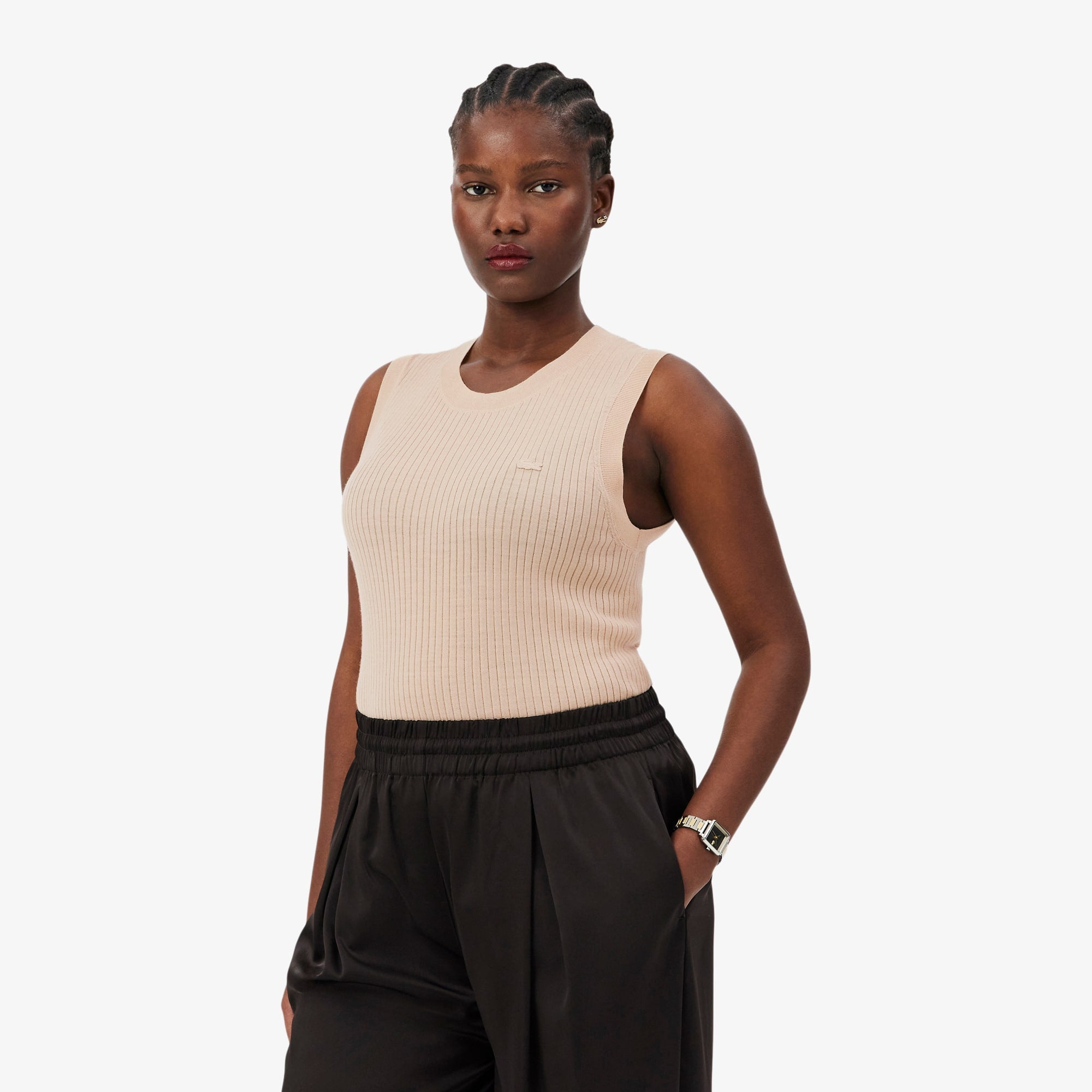 Merino Wool 3D Knit Sleeveless Sweater - Beige