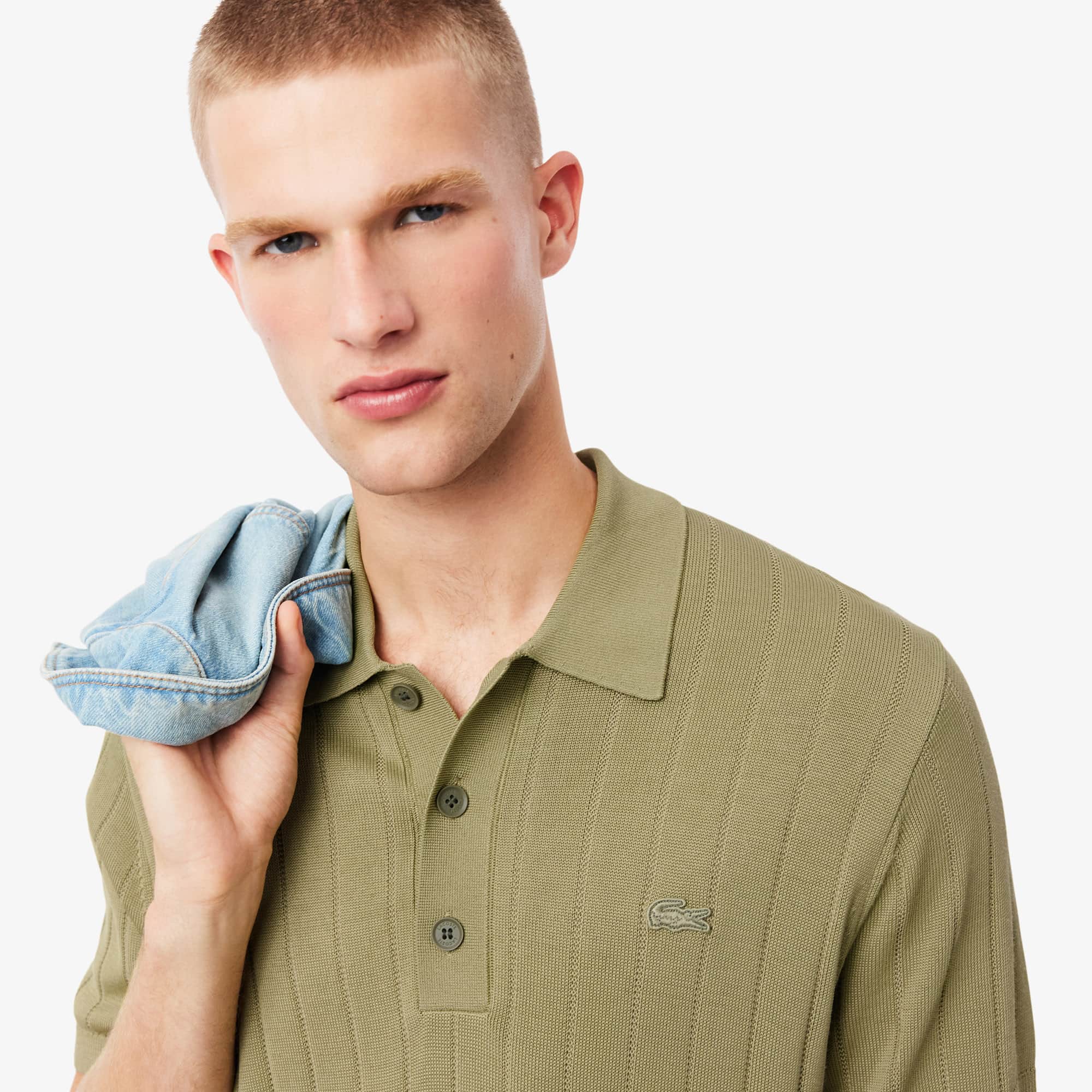 Men's Fluid Ribbed Knit Polo Collar Sweater - Khaki Green