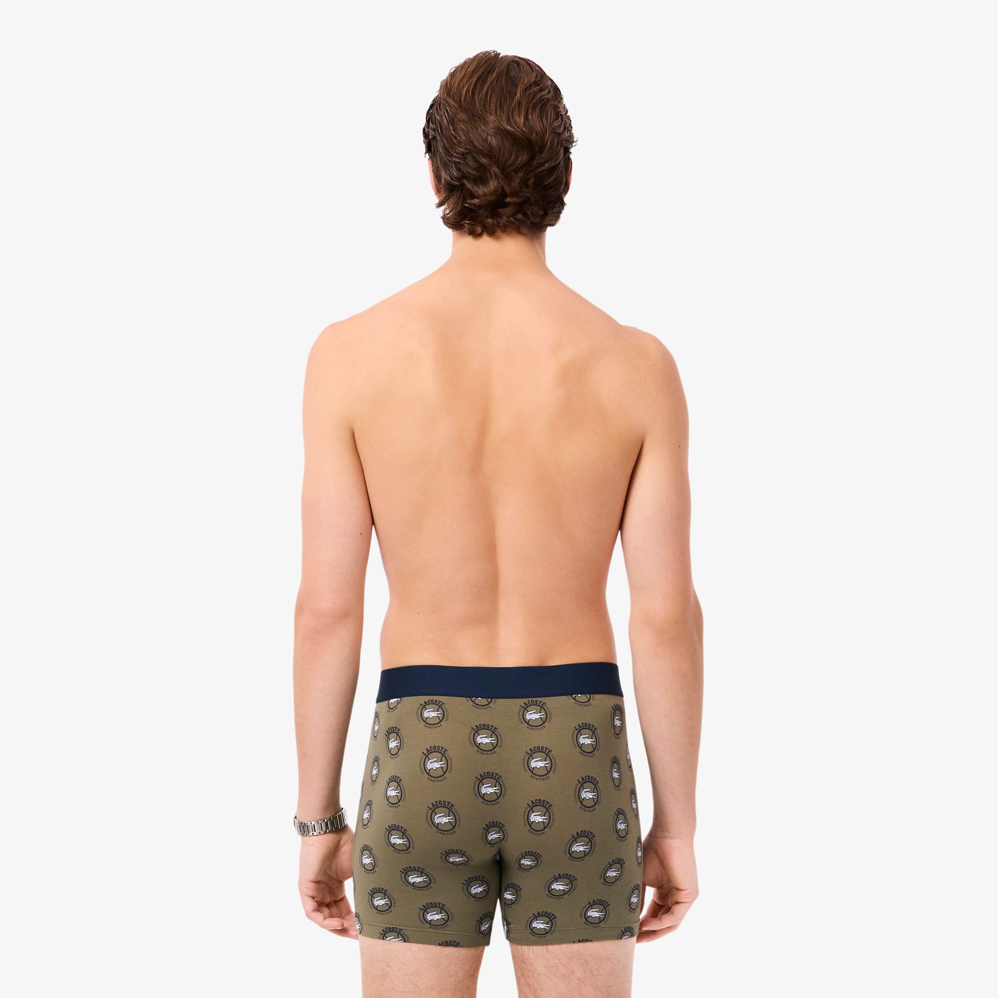 Men's Printed Stretch Cotton Boxer Briefs - Vert Kaki / Bleu Marine / Blanc