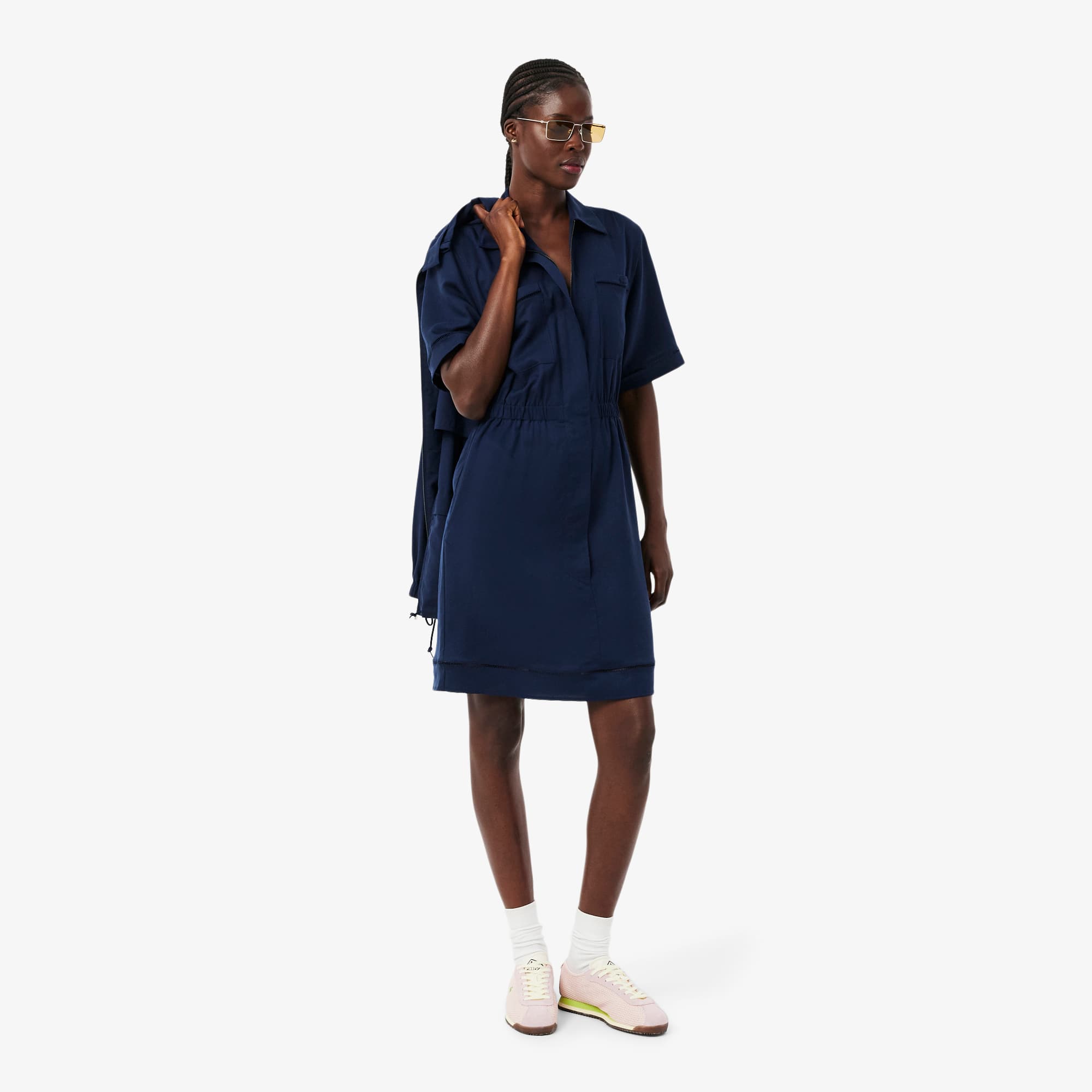 Fluid Linen Blend Shirt Dress - Navy Blue