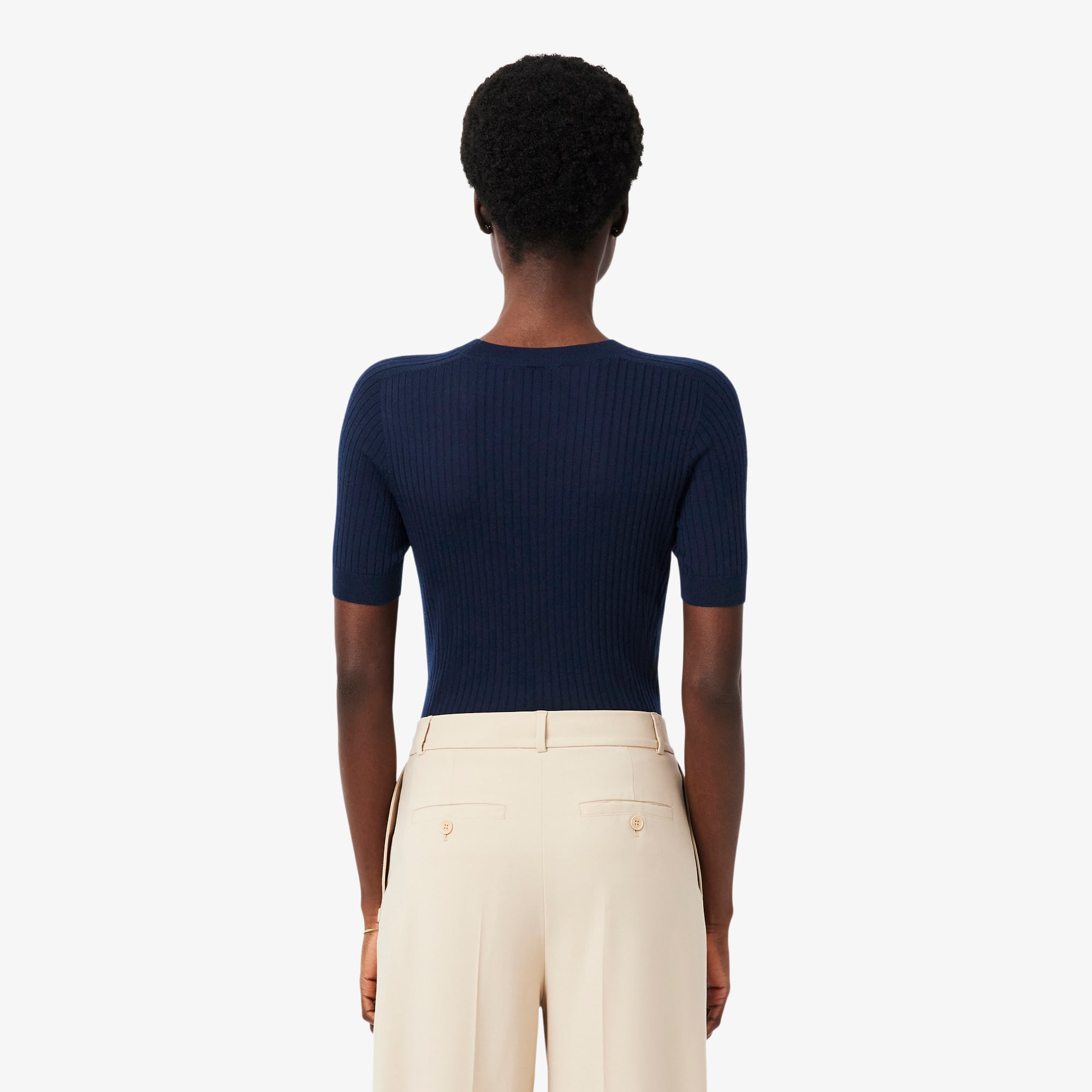 Women's Short Sleeve Merino Wool Rib Knit Sweater - Navy Blue