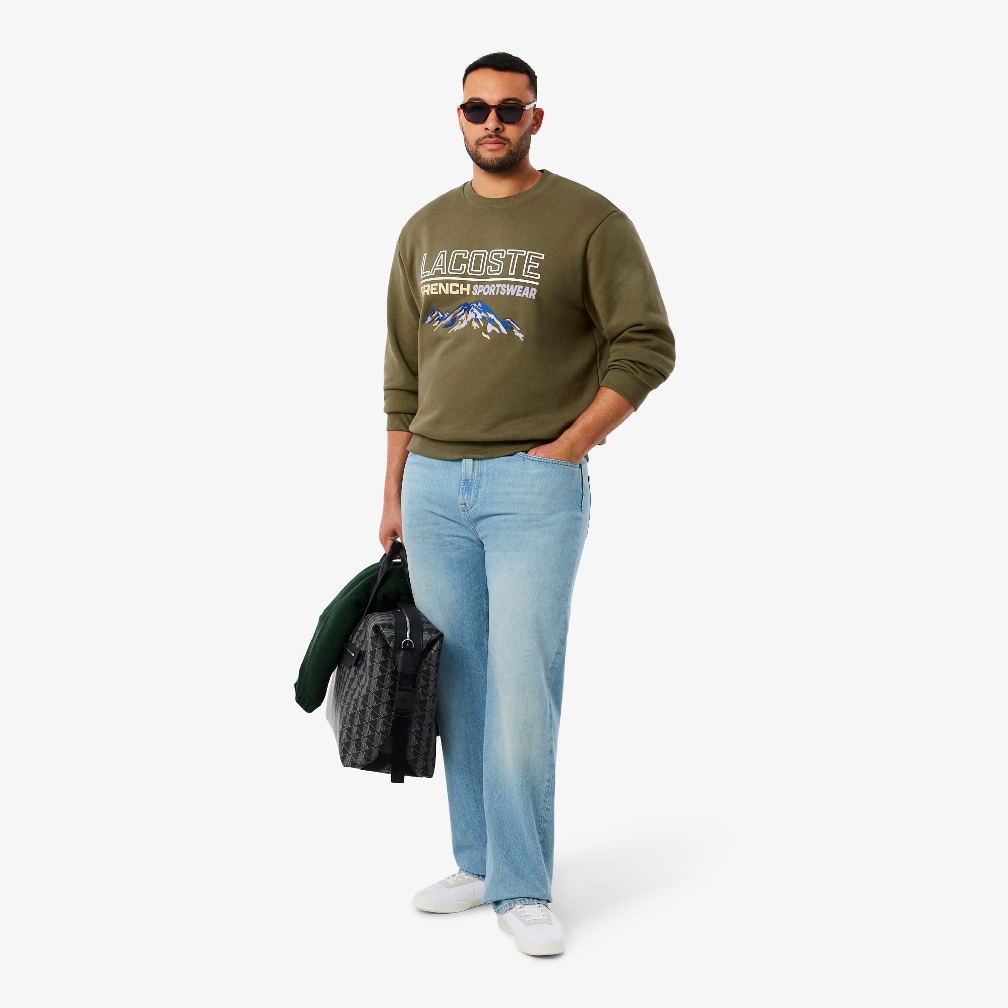 Men's Embroidered Motif Fleece Sweatshirt - Khaki Green