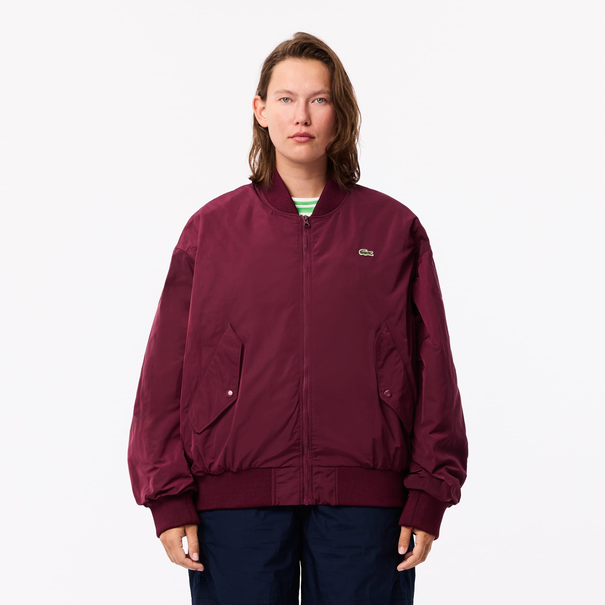 Women's Oversized Ribbed Cuff Bomber Jacket - Bordeaux