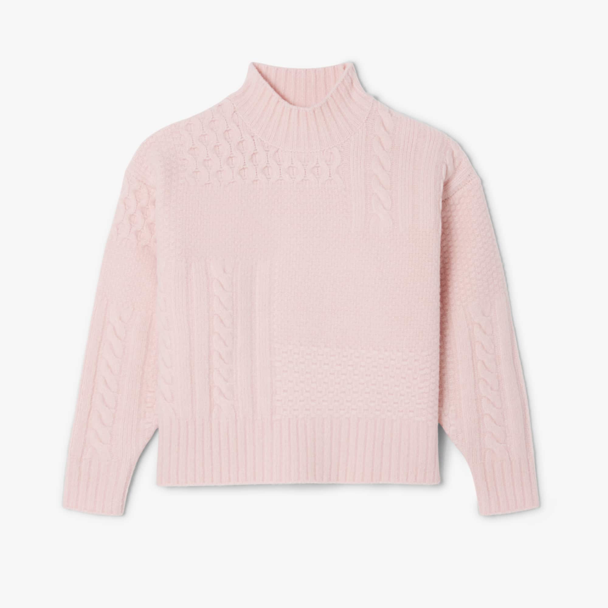 Women's Patchwork Effect High-Neck Wool Sweater - Light Pink
