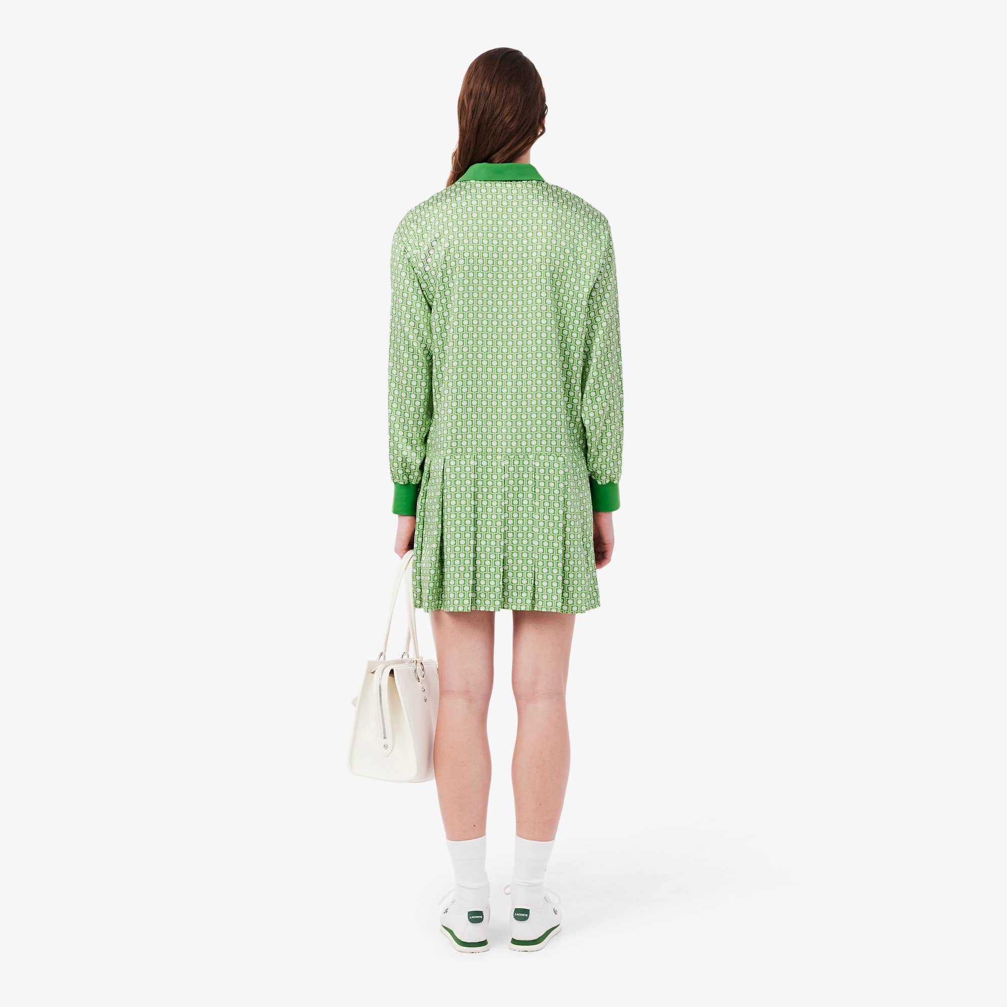 Pleated Satin Polo Dress - Vert / Blanc