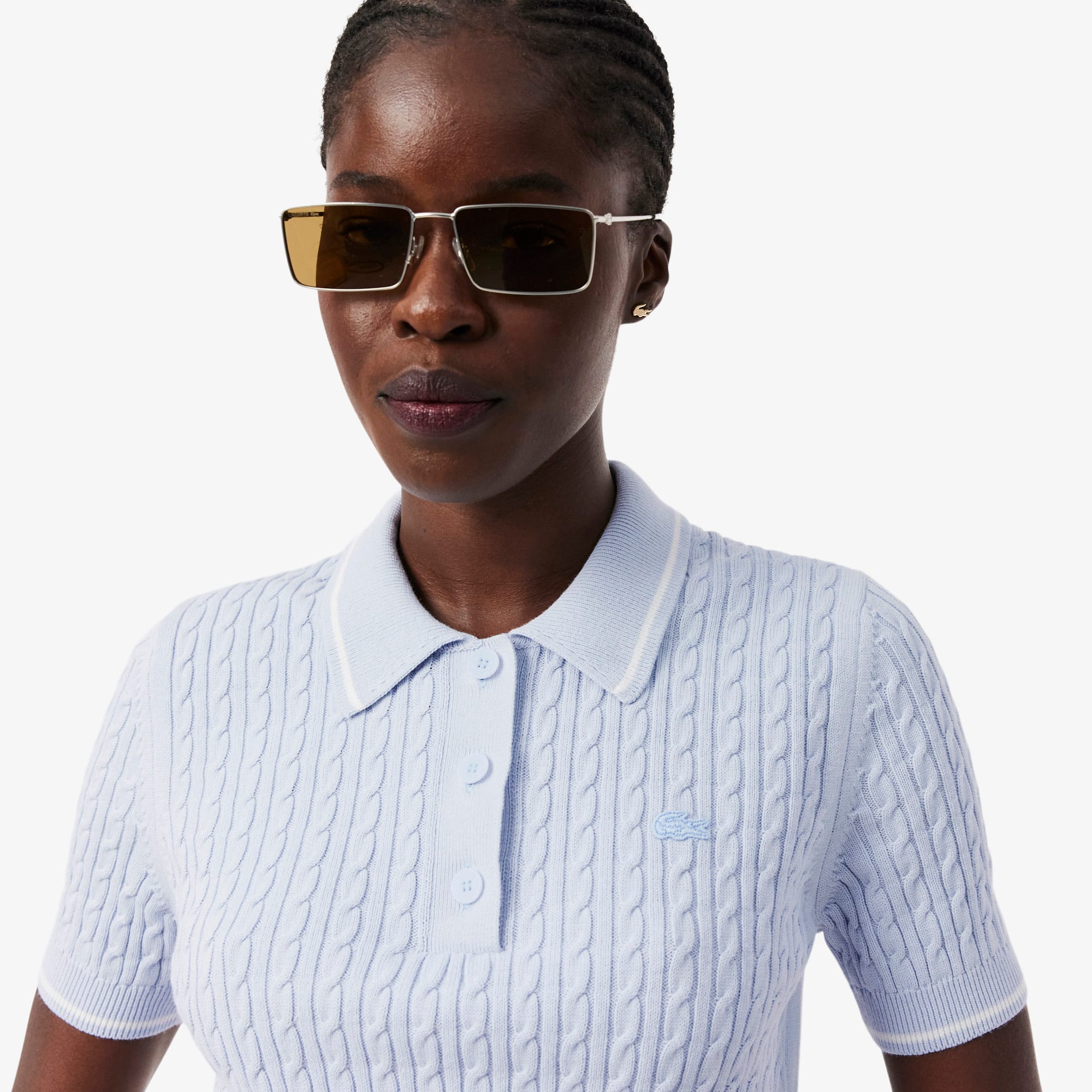 Striped Cable Knit Polo Collar Sweater - Phoenix blue