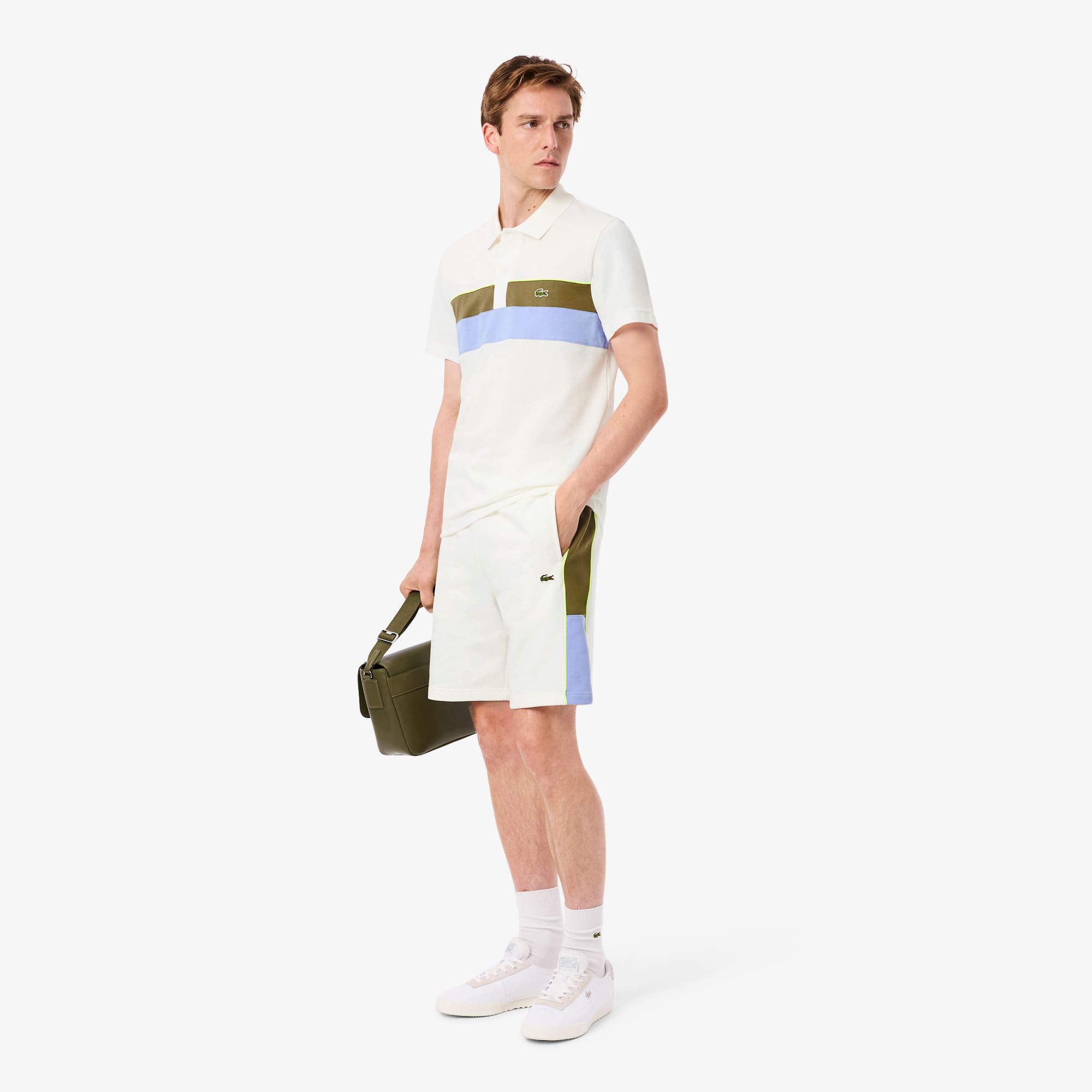 Men's Colorblock Fleece Shorts - White / Khaki Green / Purple