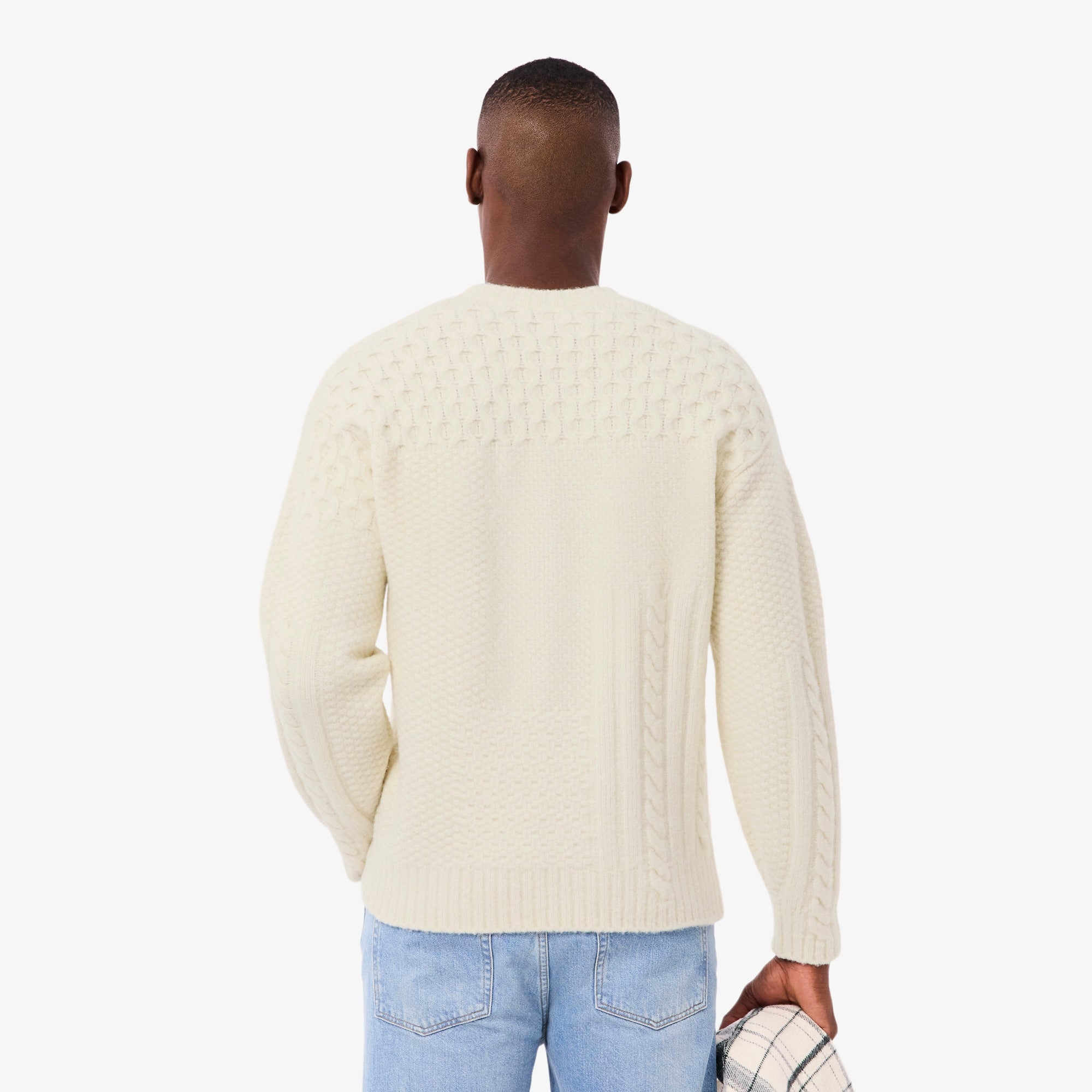 Men's Relaxed Fit Patchwork Effect Wool Sweater - Cream