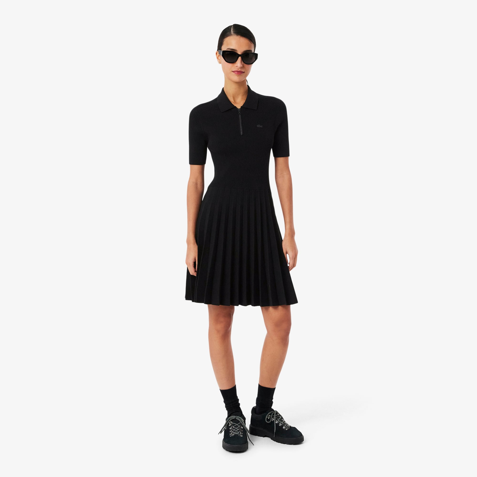 Women's Pleated Polo Collar Dress - Black