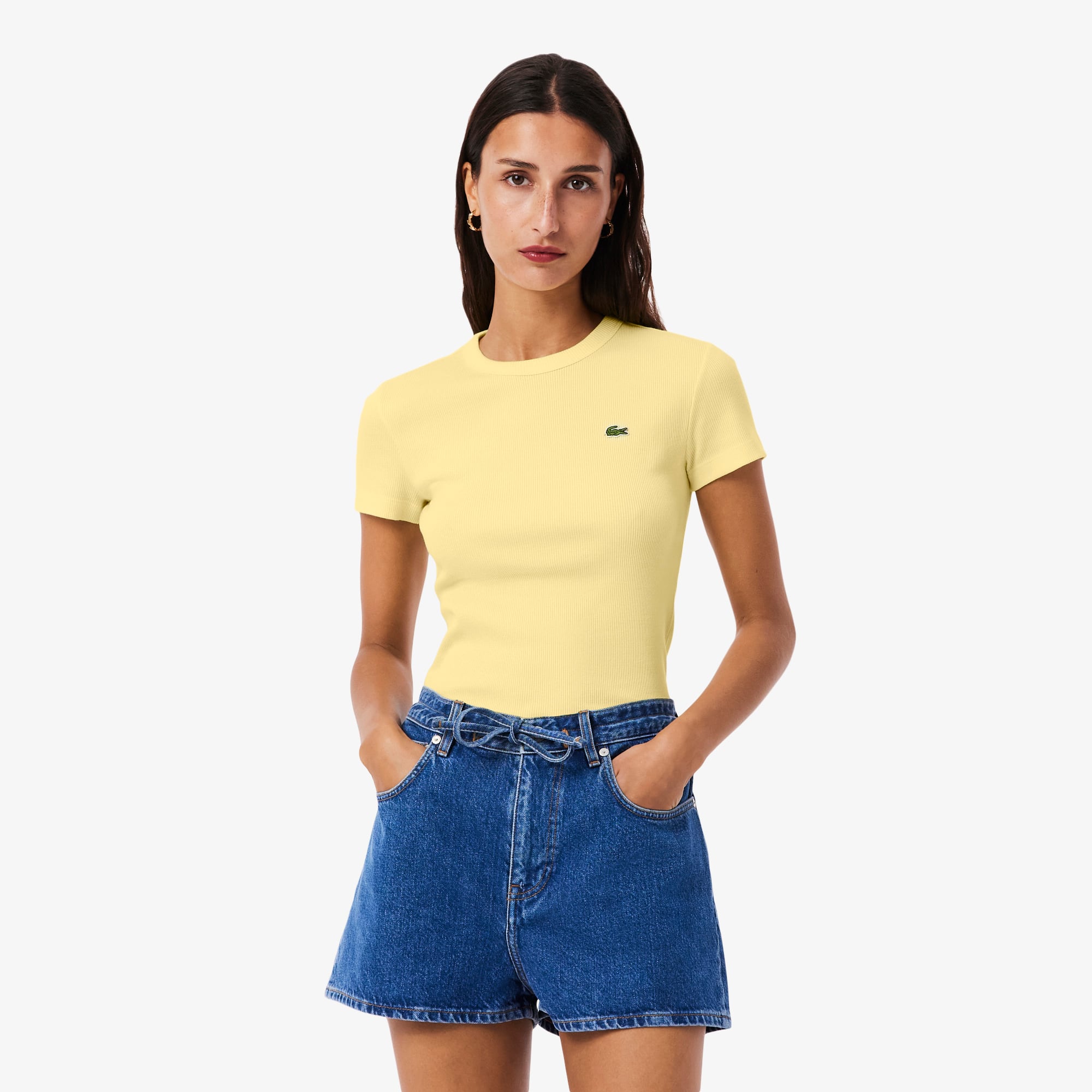 Women's Slim Fit Ribbed Cotton T-Shirt - Pastel yellow