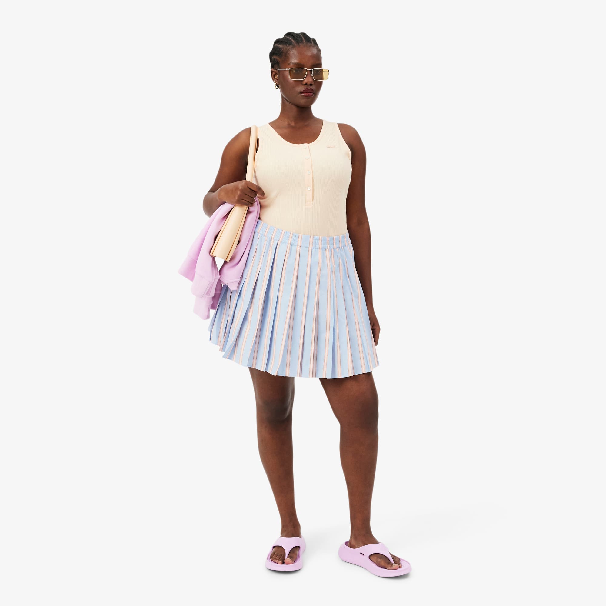 Poplin Short Striped Pleated Skirt - Bleu Clair / Rose / Blanc / Noir