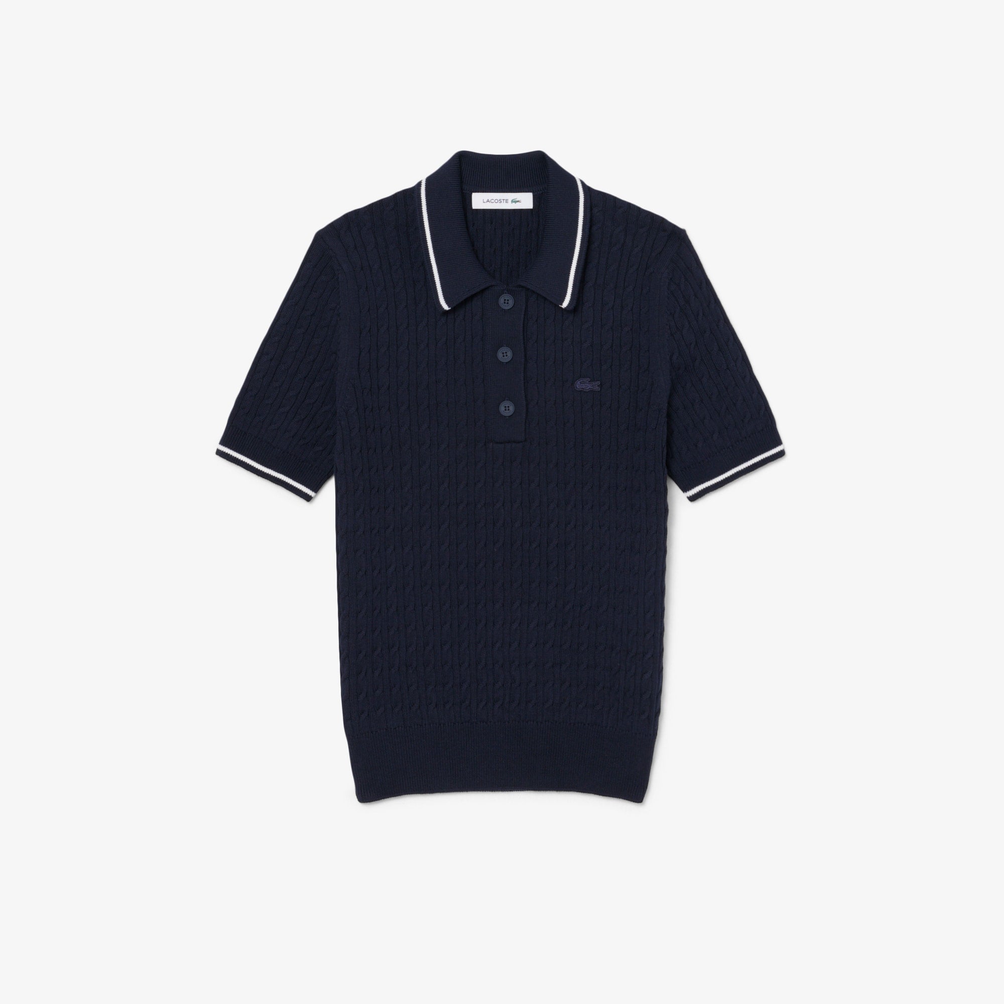 Striped Cable Knit Polo Collar Sweater - Navy Blue