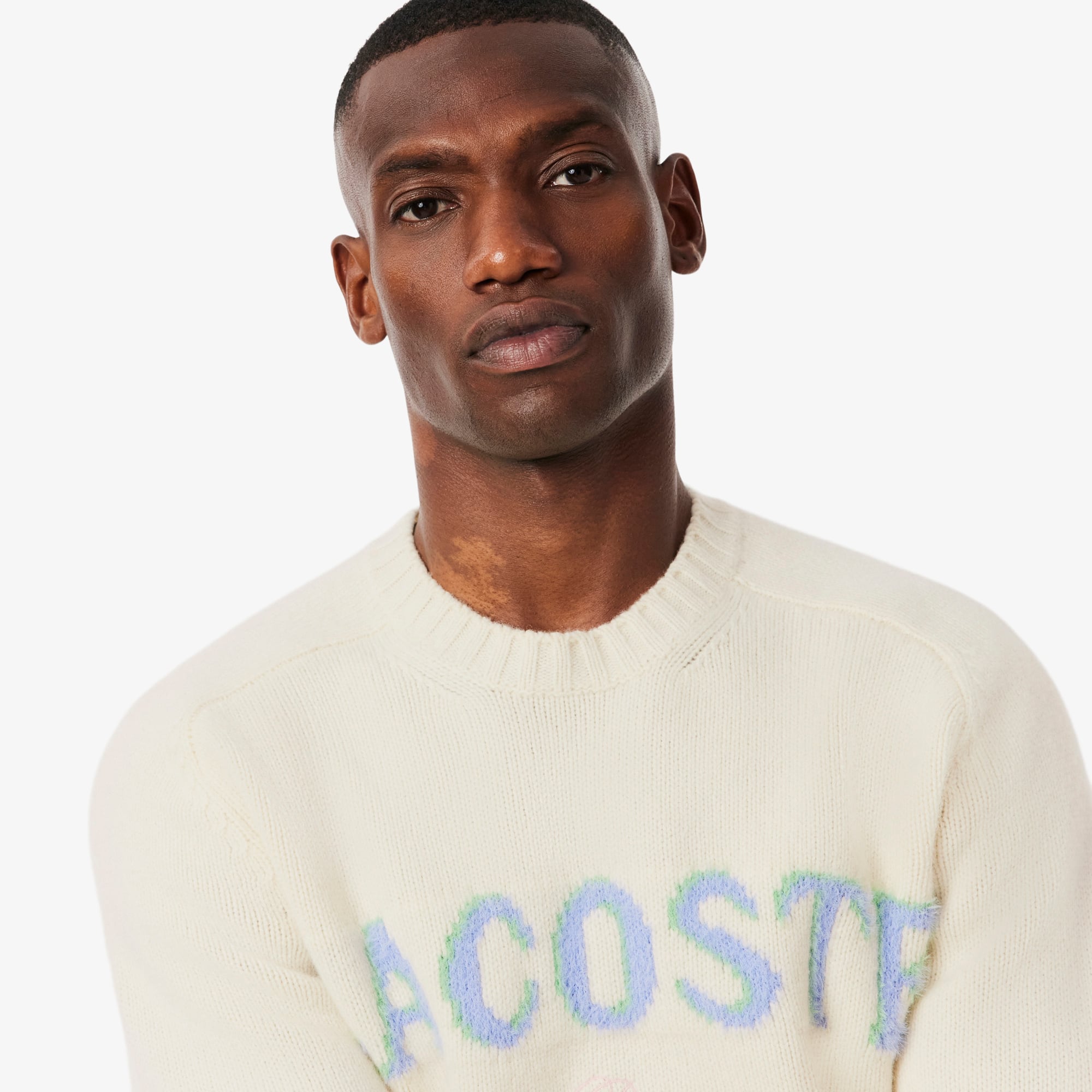 Men's Intarsia Branded Wool Sweater - White / Purple