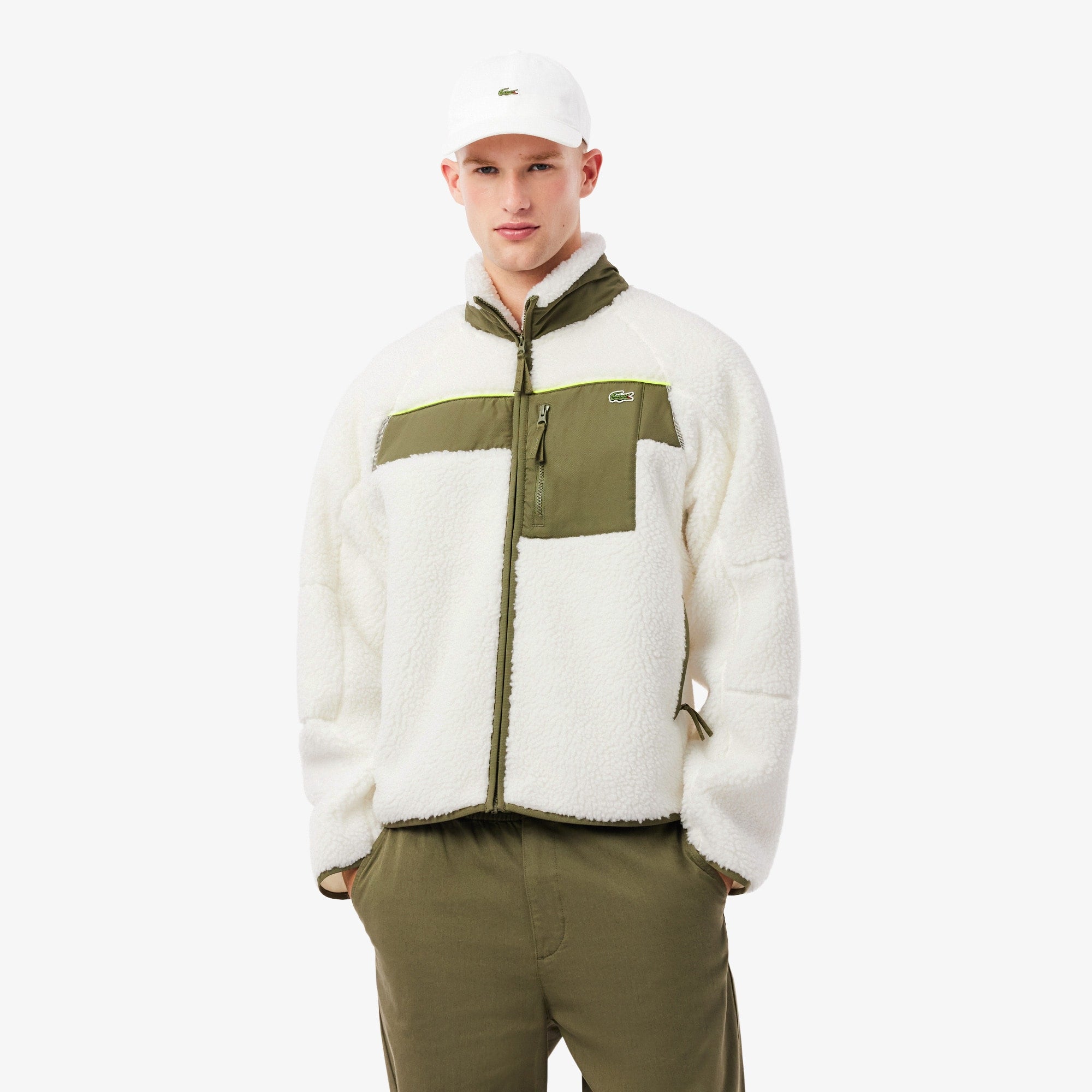 Men's Colorblock Sherpa Fleece Jacket - White / Khaki Green