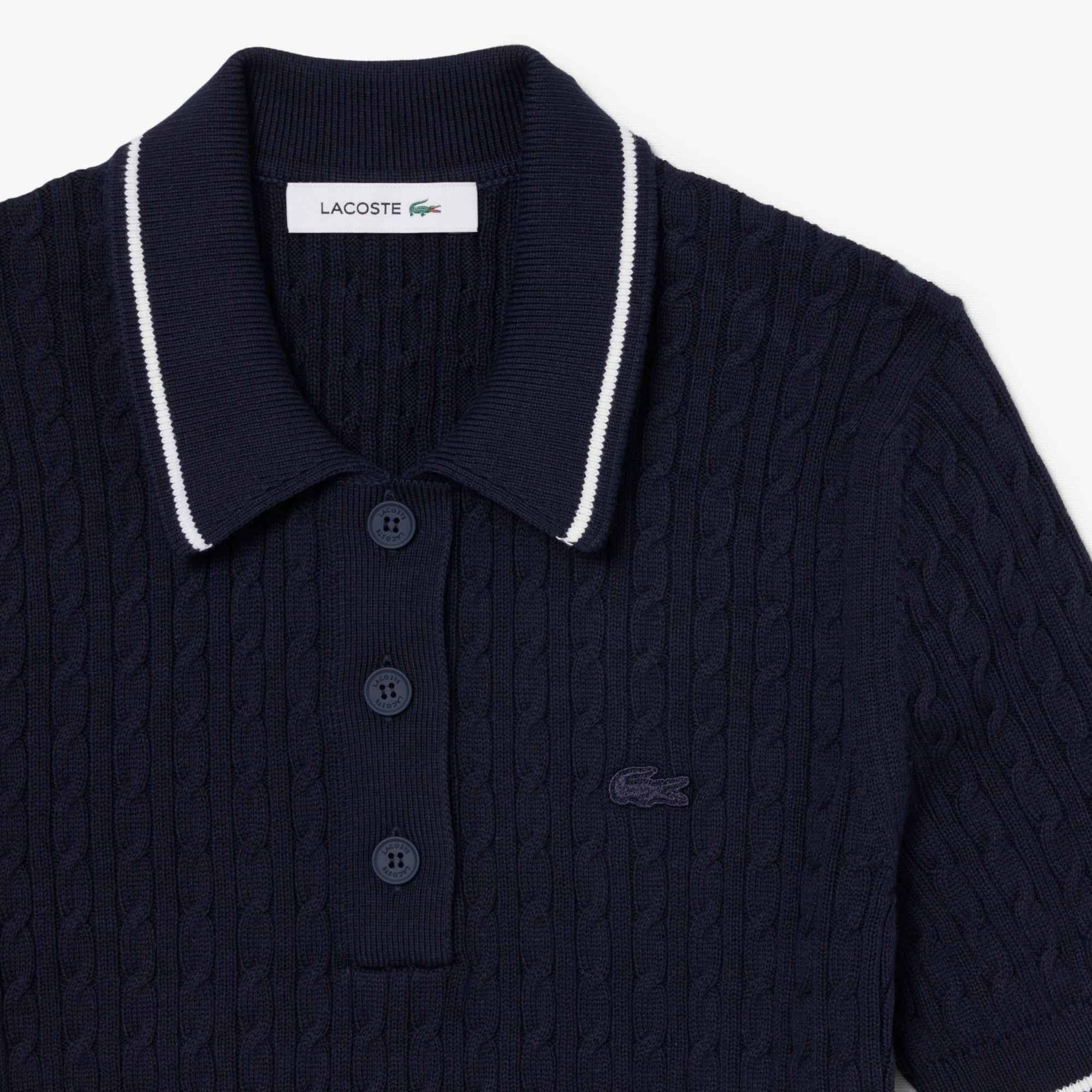 Striped Cable Knit Polo Collar Sweater - Navy Blue