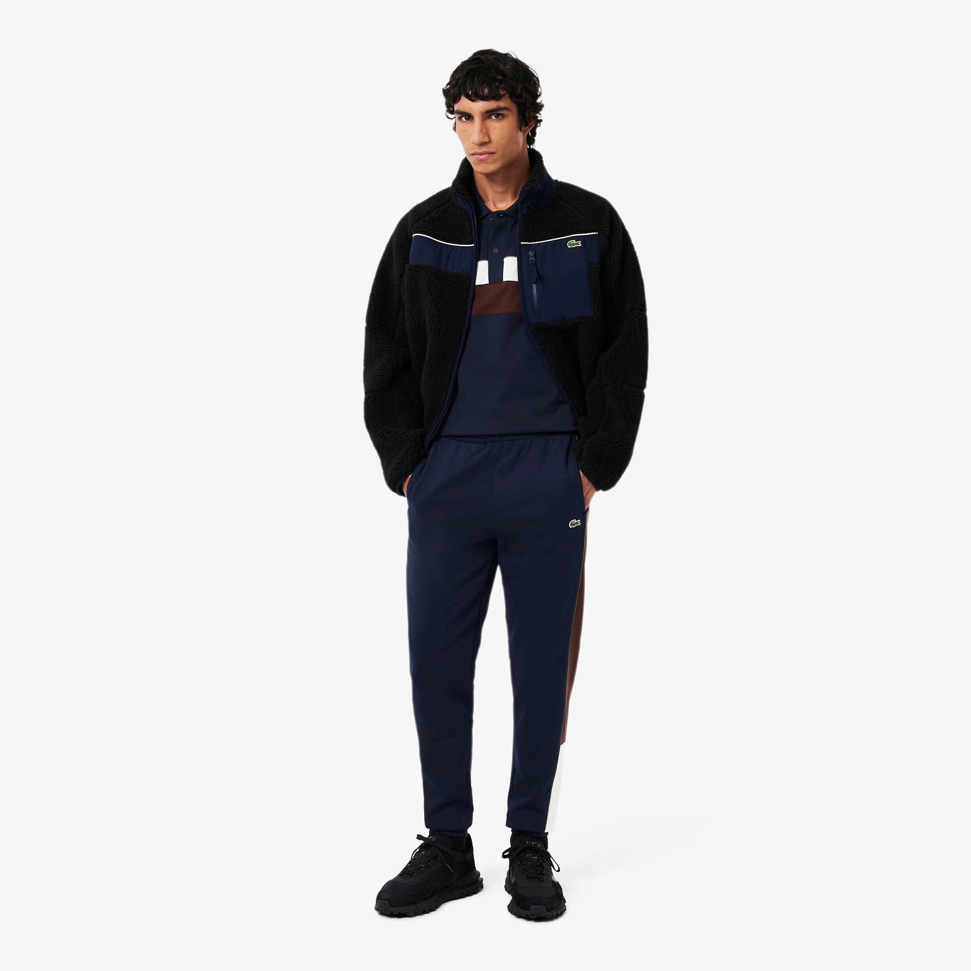 Men's Regular Fit Colorblock Petit Piqué Polo - Navy Blue / White / Brown