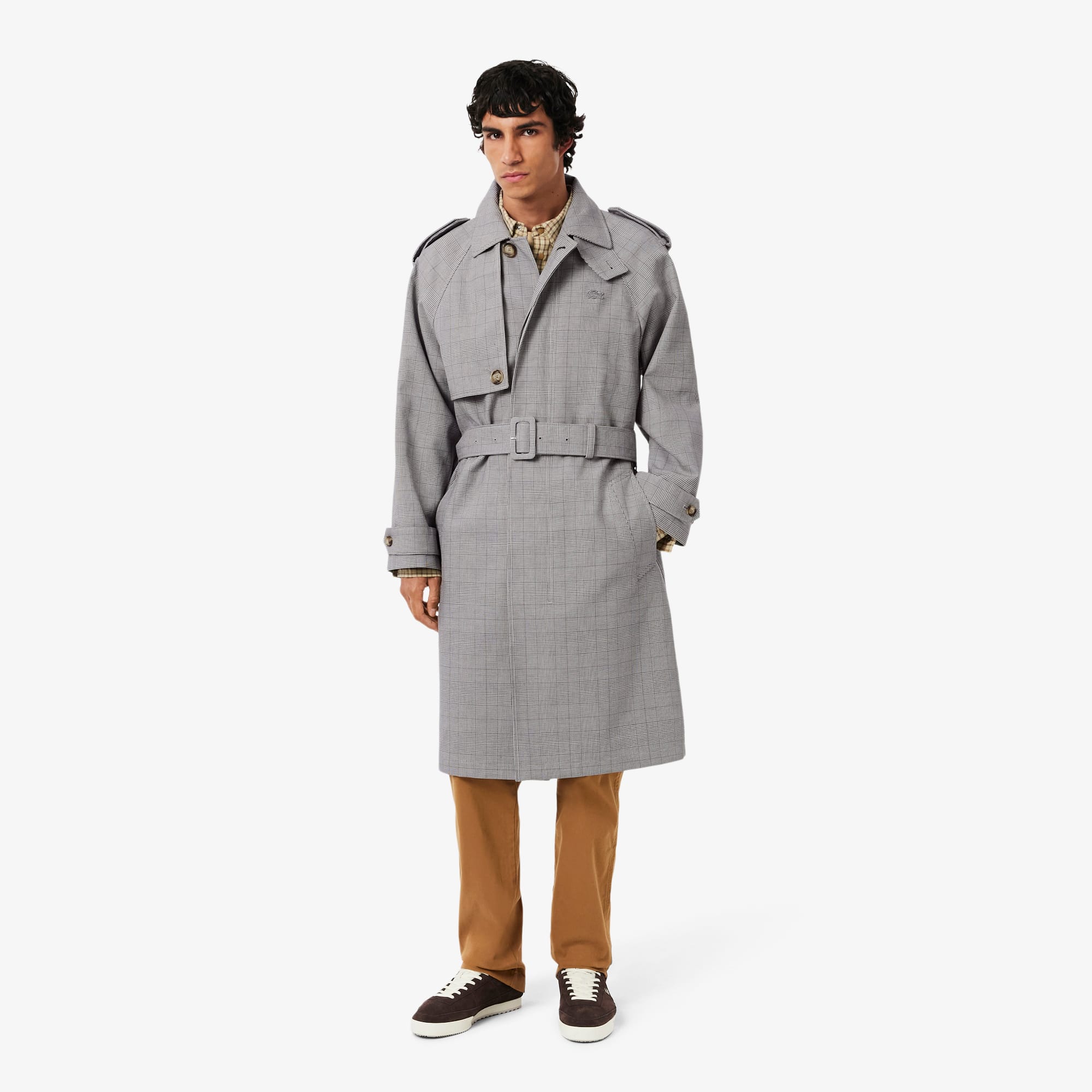 Men's Water-Repellent Plaid Trench Coat - White / Black / Green