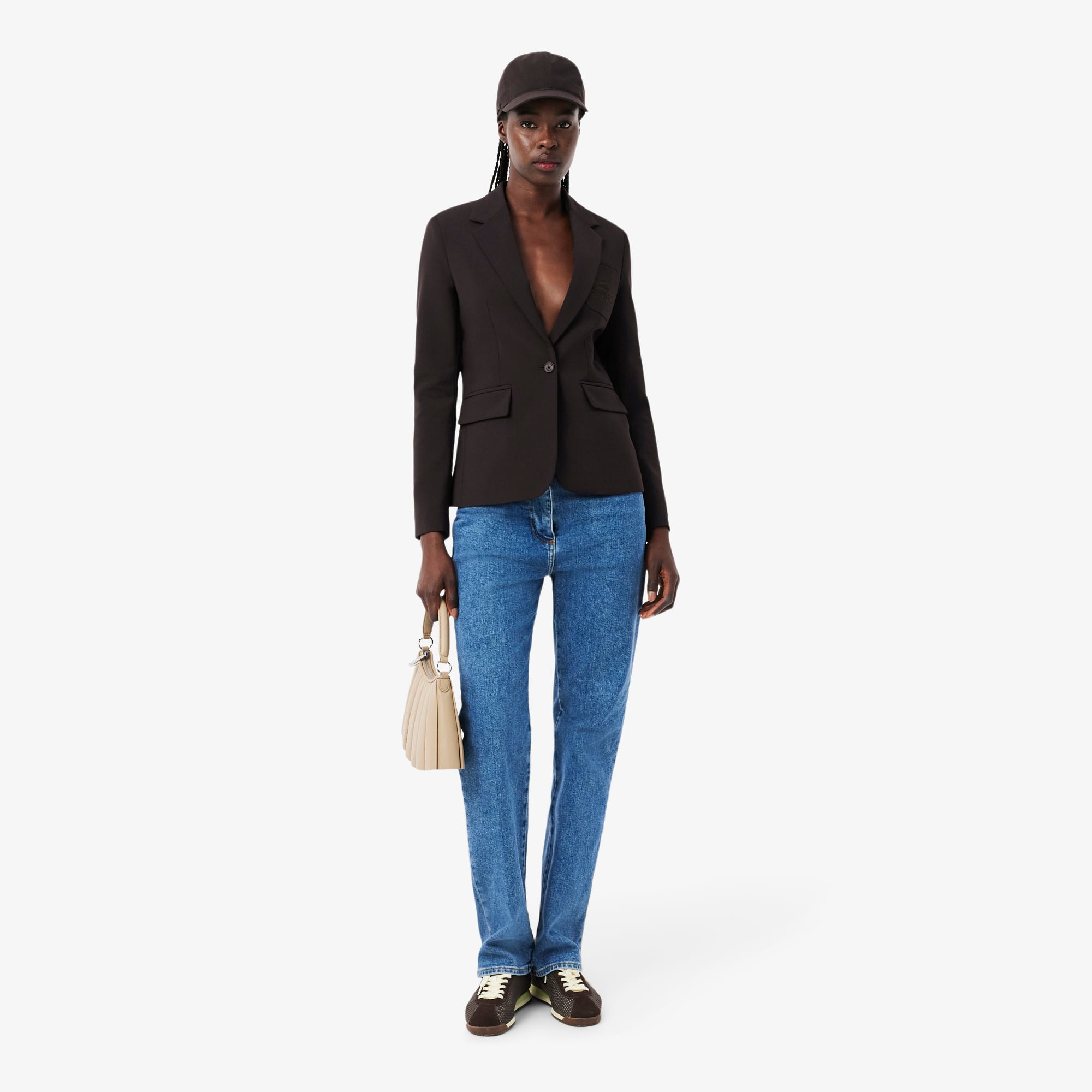 Women's Embroidered Logo Slim Fit Wool Blazer - Brown