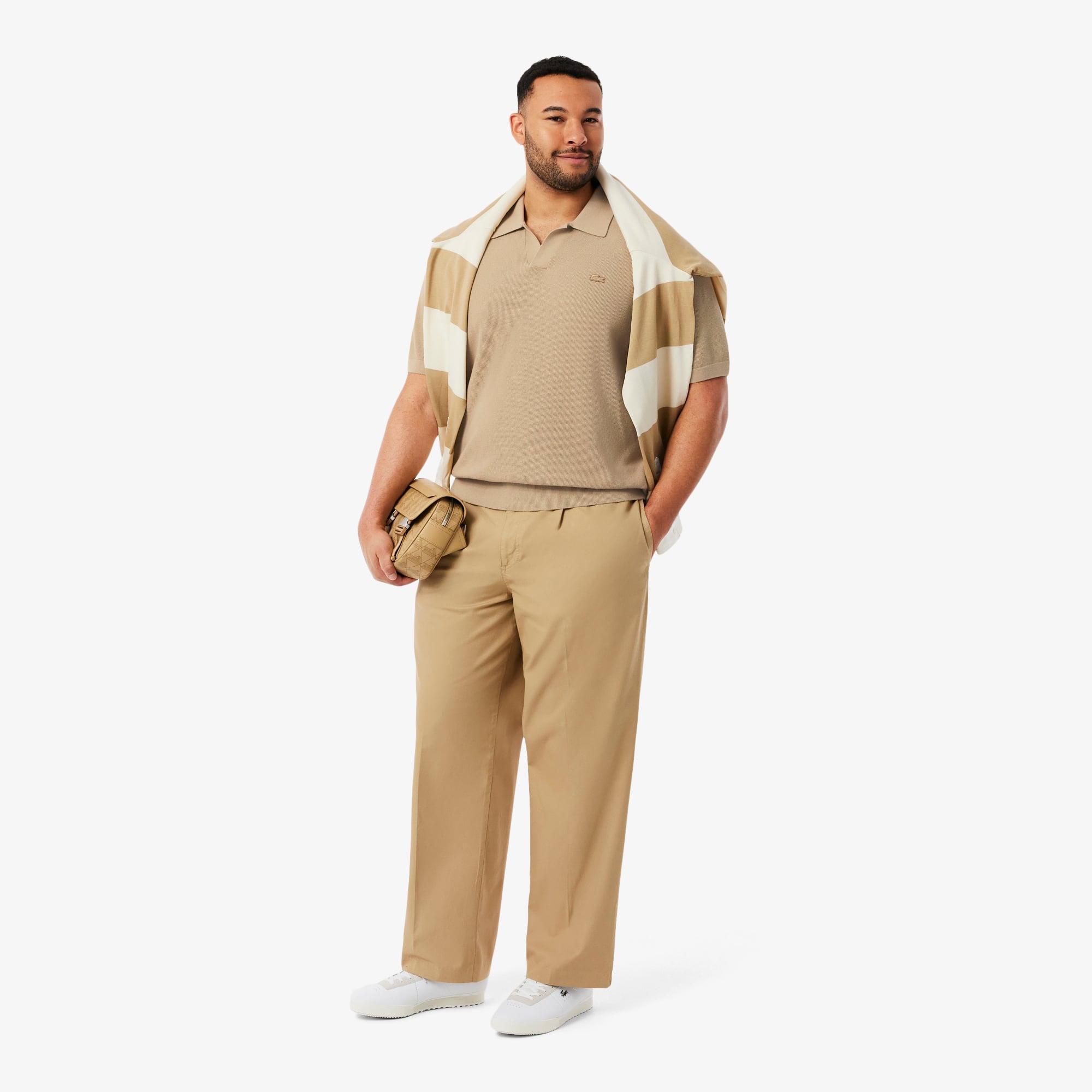 Men's Cotton Blend Open Polo Collar Sweater - Beige