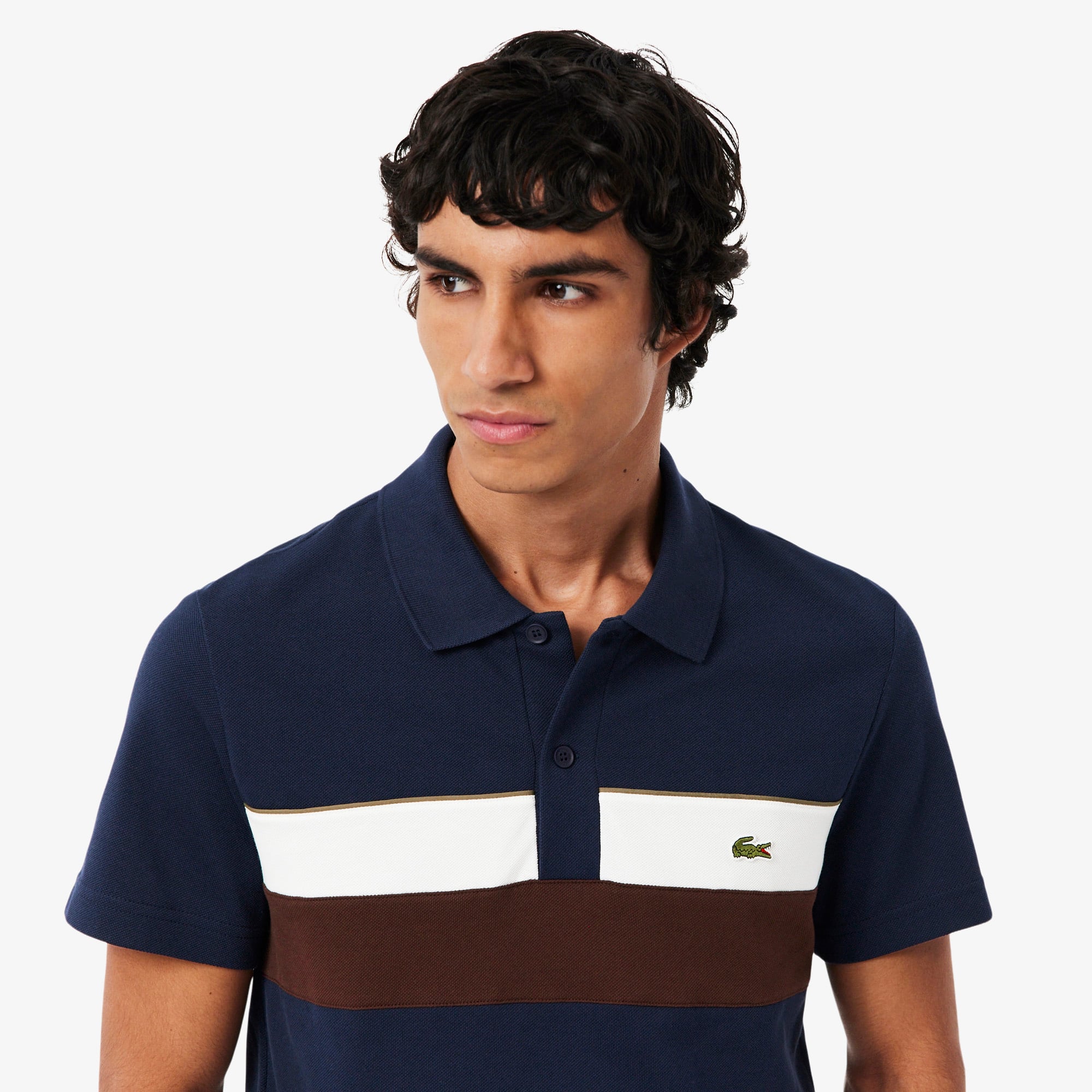 Men's Regular Fit Colorblock Petit Piqué Polo - Navy Blue / White / Brown