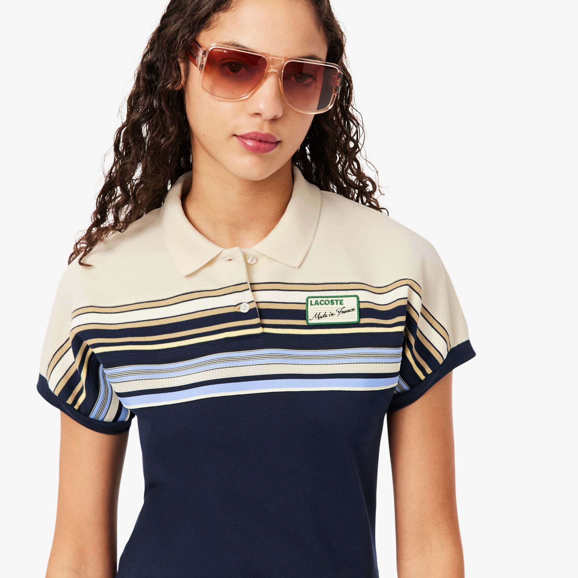 Women's Made In France Slim Fit Striped Polo - Navy Blue / White