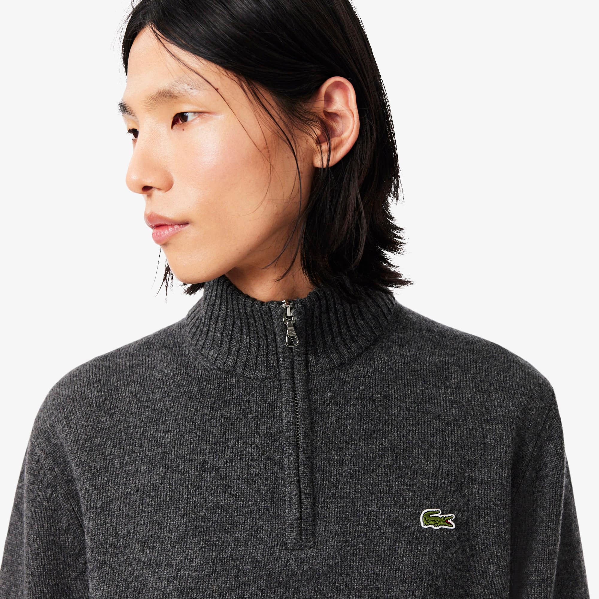 Men's Zip-Up High-Neck Wool Sweater - Grey pitch