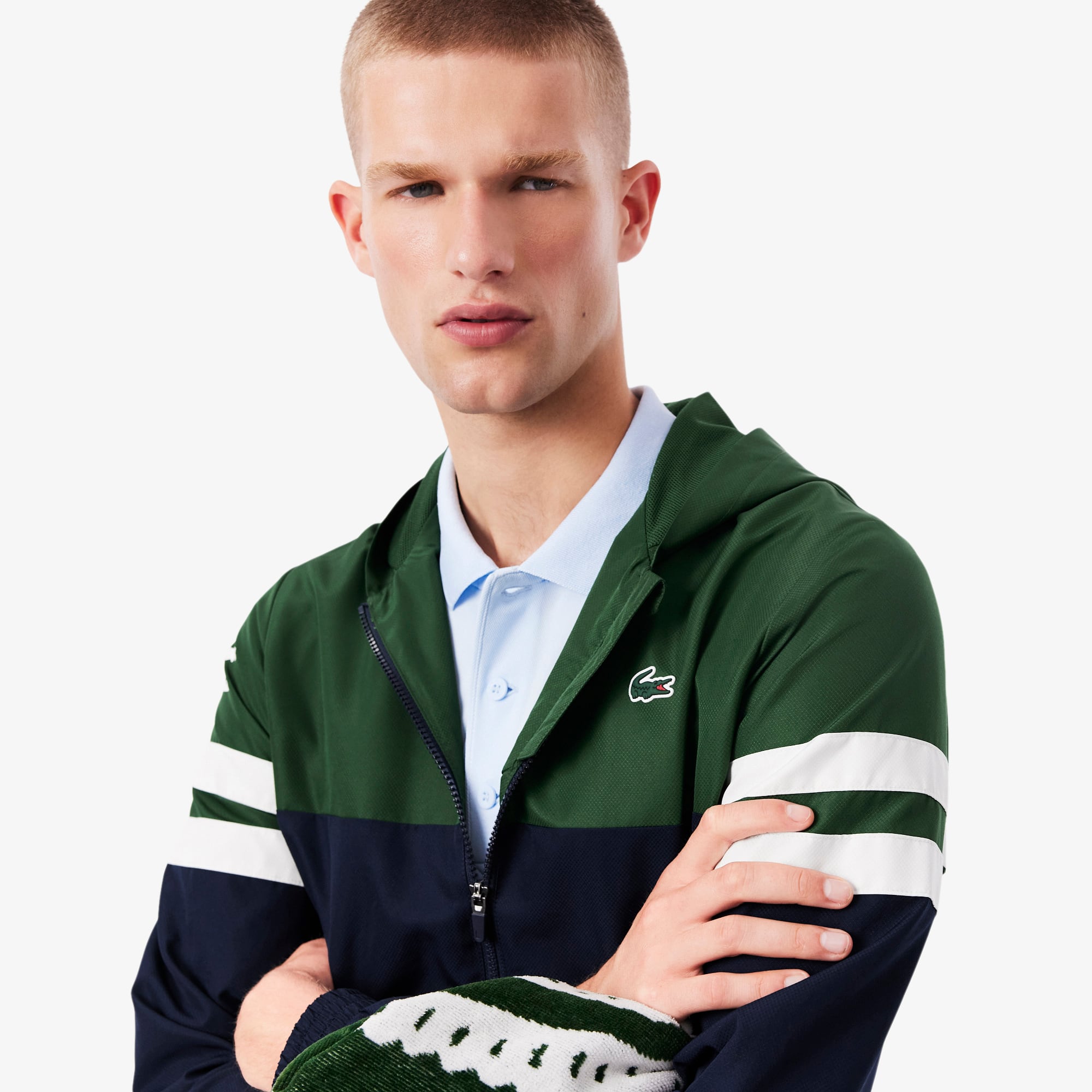 Men's Tennis Water-Repellent Hooded Jacket - Navy Blue / Green / White