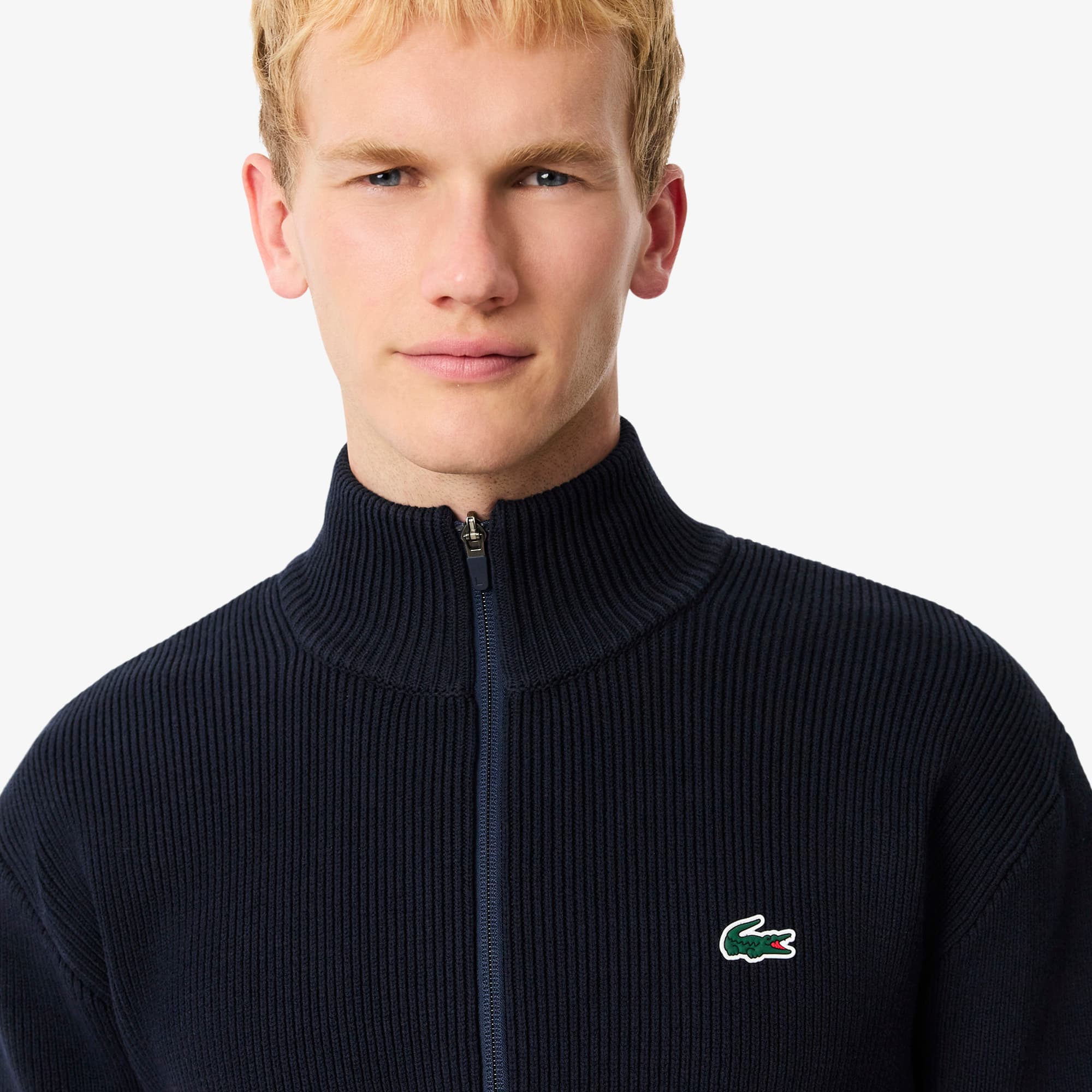 Men's Ribbed Knit Zip-Up Golf Sweater - Navy Blue