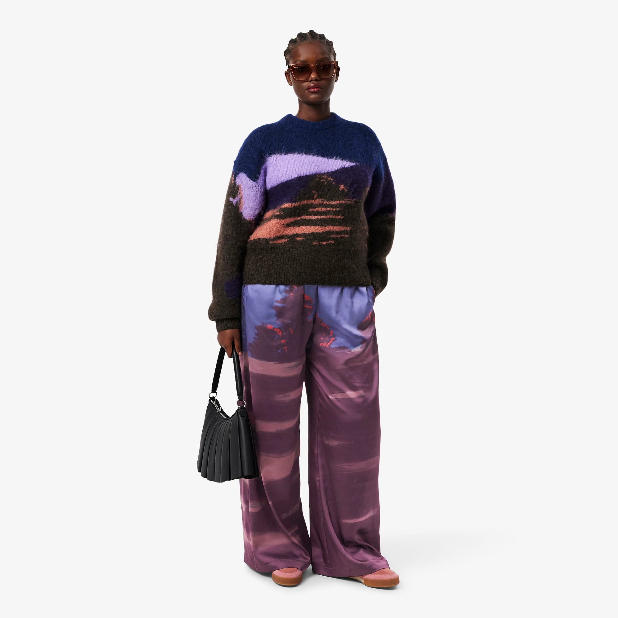 Women's Oversized Landscape Print Pants - Blue / Brown / Purple / Light Pink